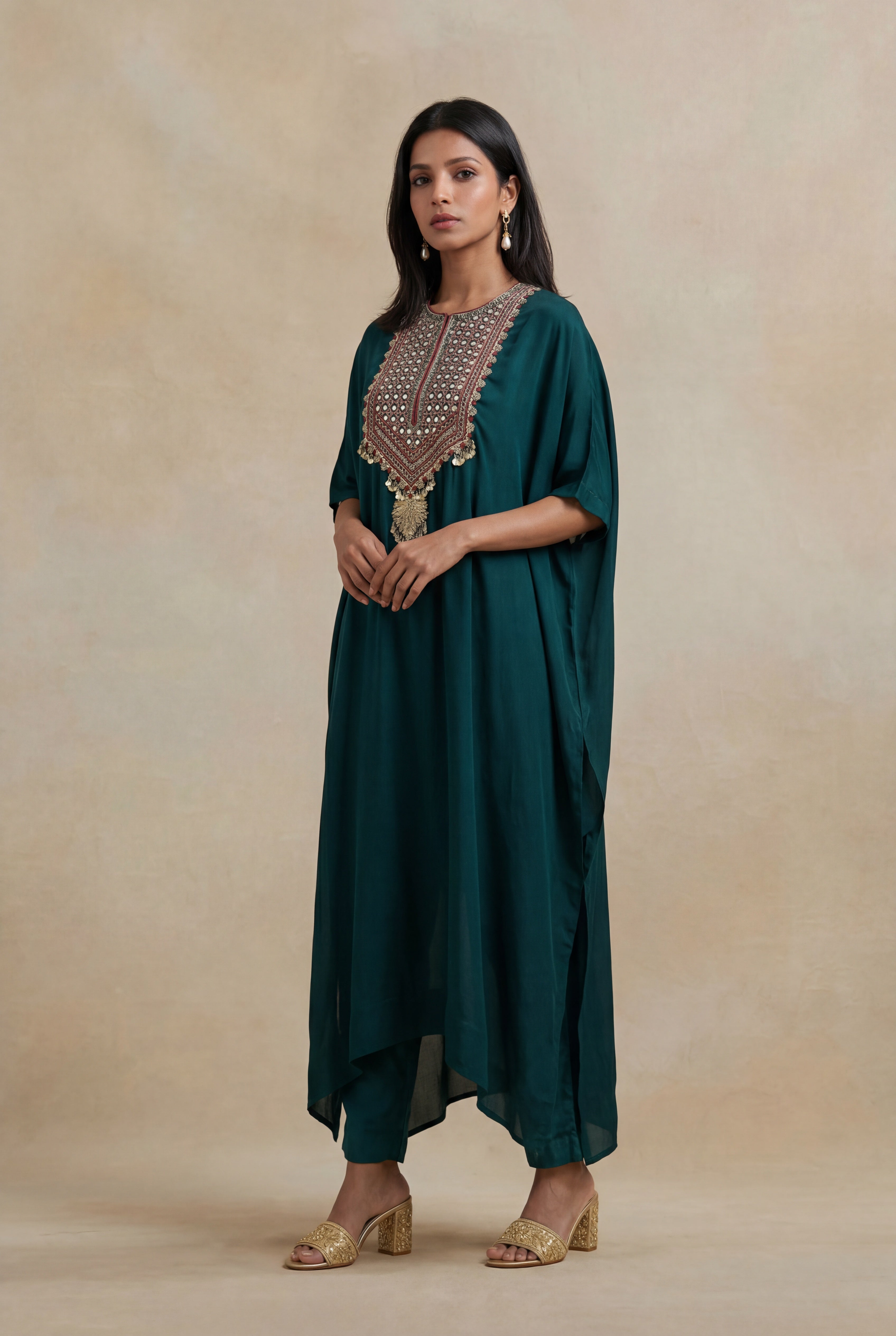 Emerald Green Satin Silk Embroidered Kaftan Set