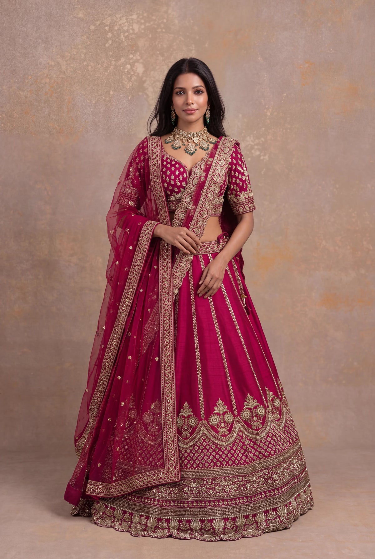 Magenta Pink Raw Silk Lehenga Set with Zardozi and Kundan Work - Mokshaa