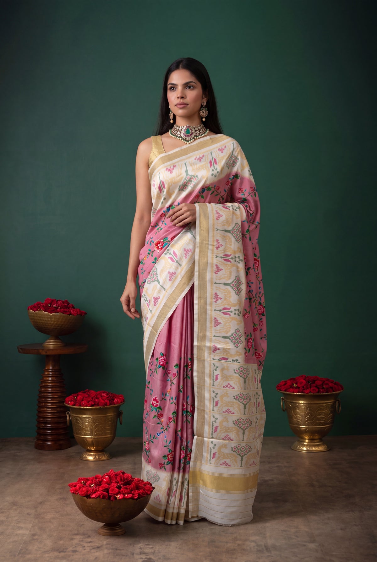 Rose Pink Twill Silk Patola Saree - Mokshaa