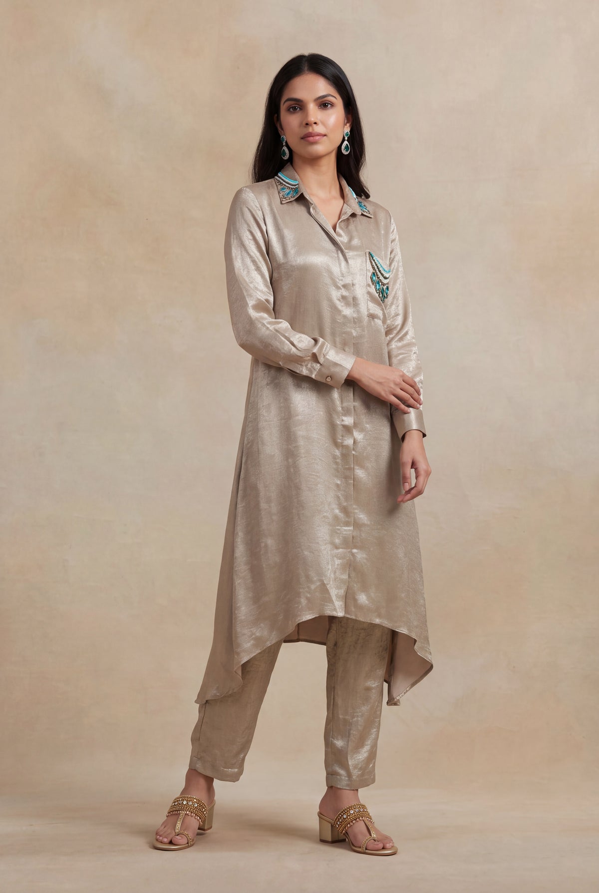 Champagne Shimmer High-Low Shirt Set - Mokshaa