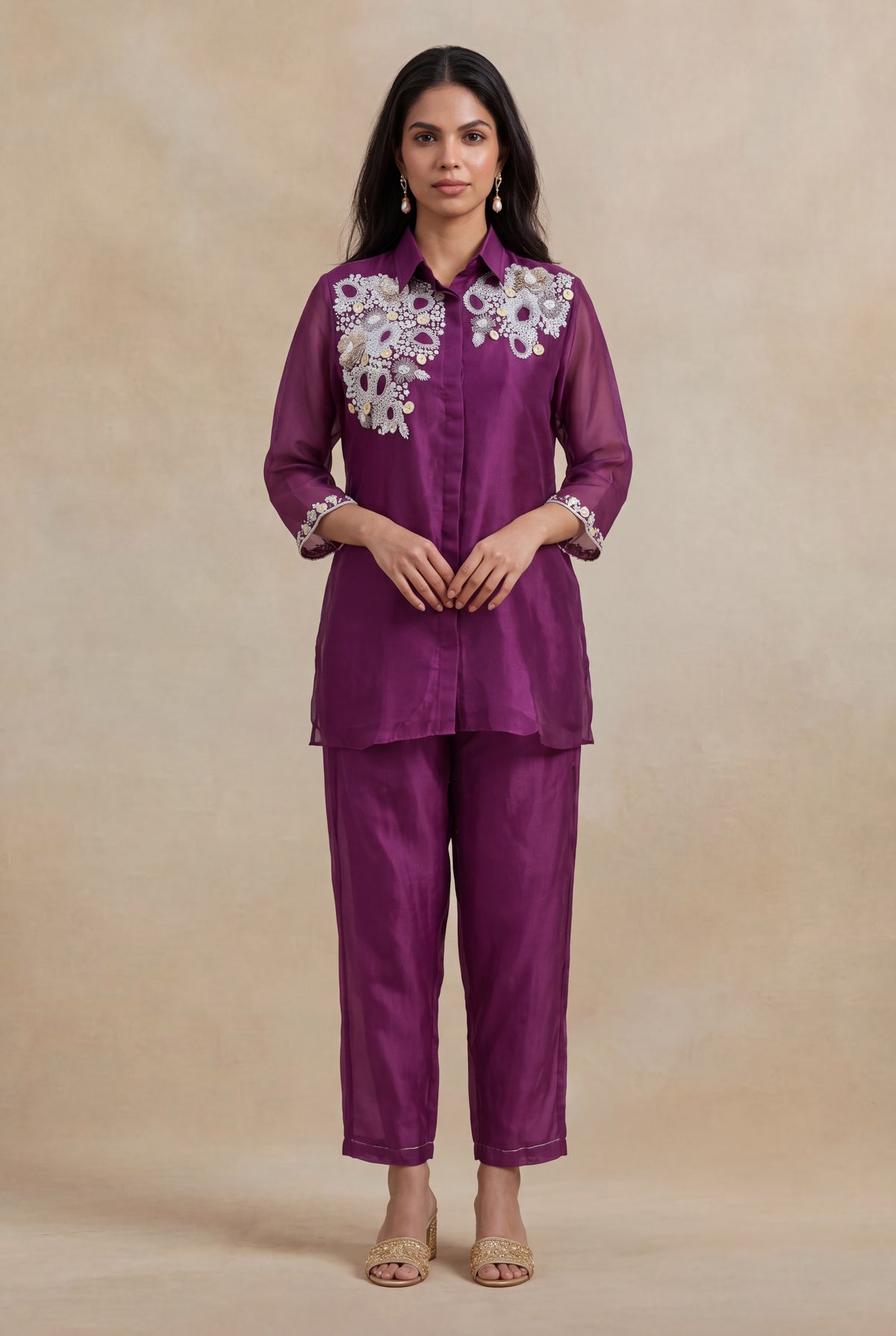 Wine Organza Co-ord Set - Mokshaa