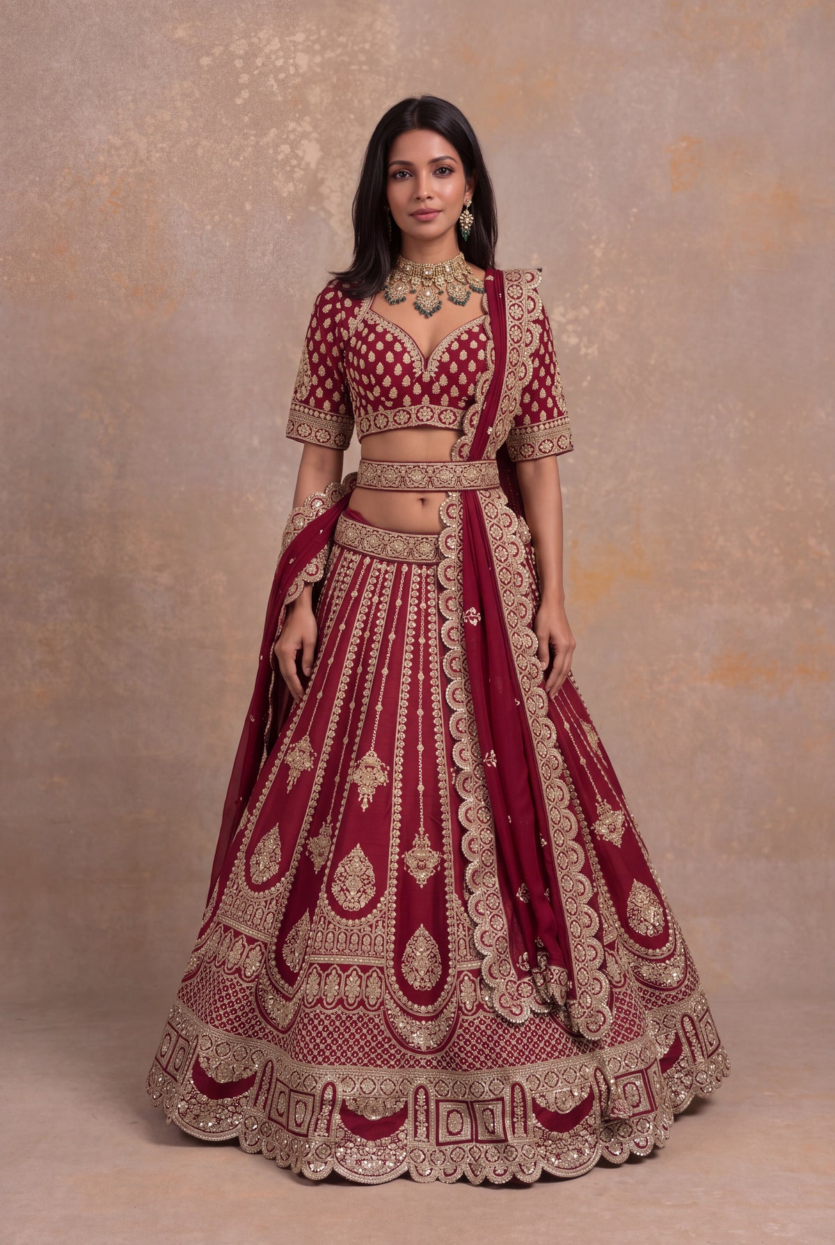 Maroon Raw Silk Lehenga Set with Zari and Pearl Embroidery - Mokshaa