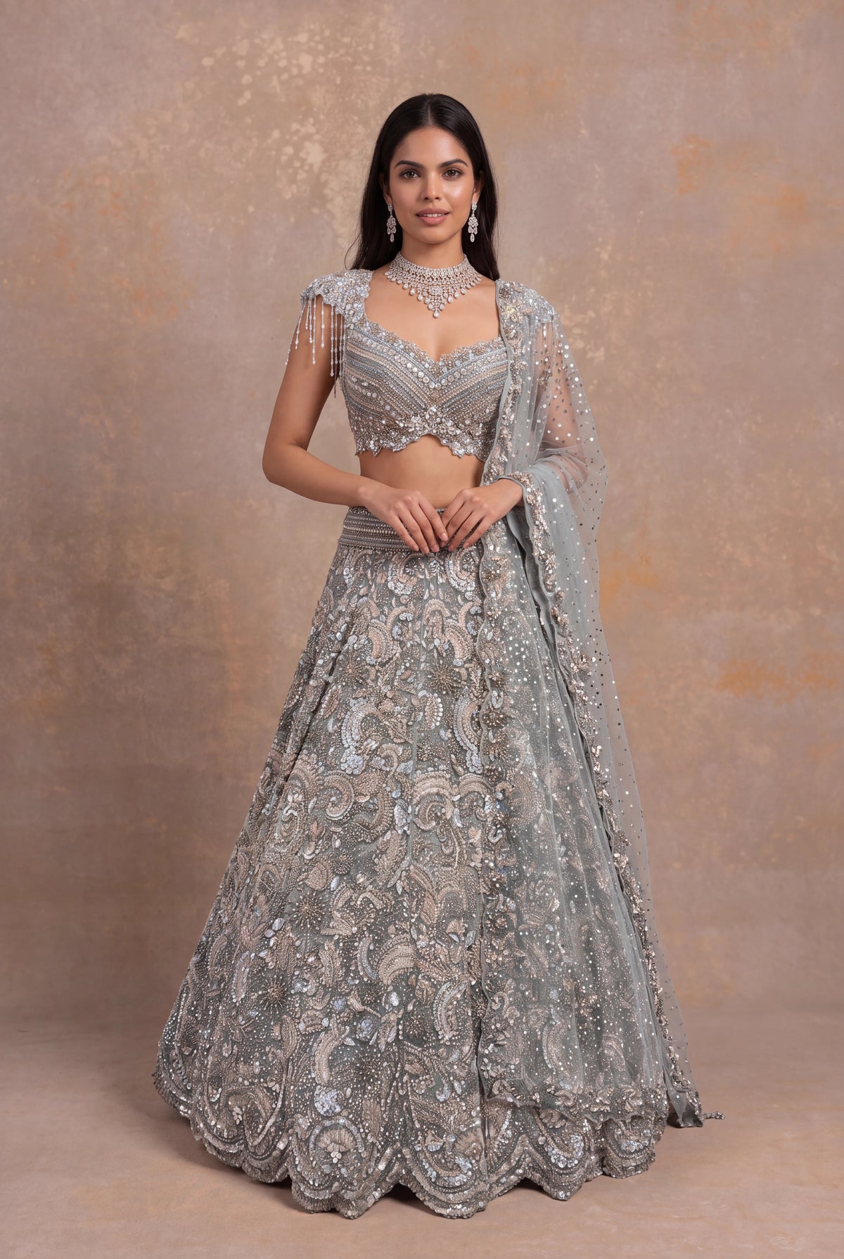 Sea Blue Net Lehenga - Mokshaa