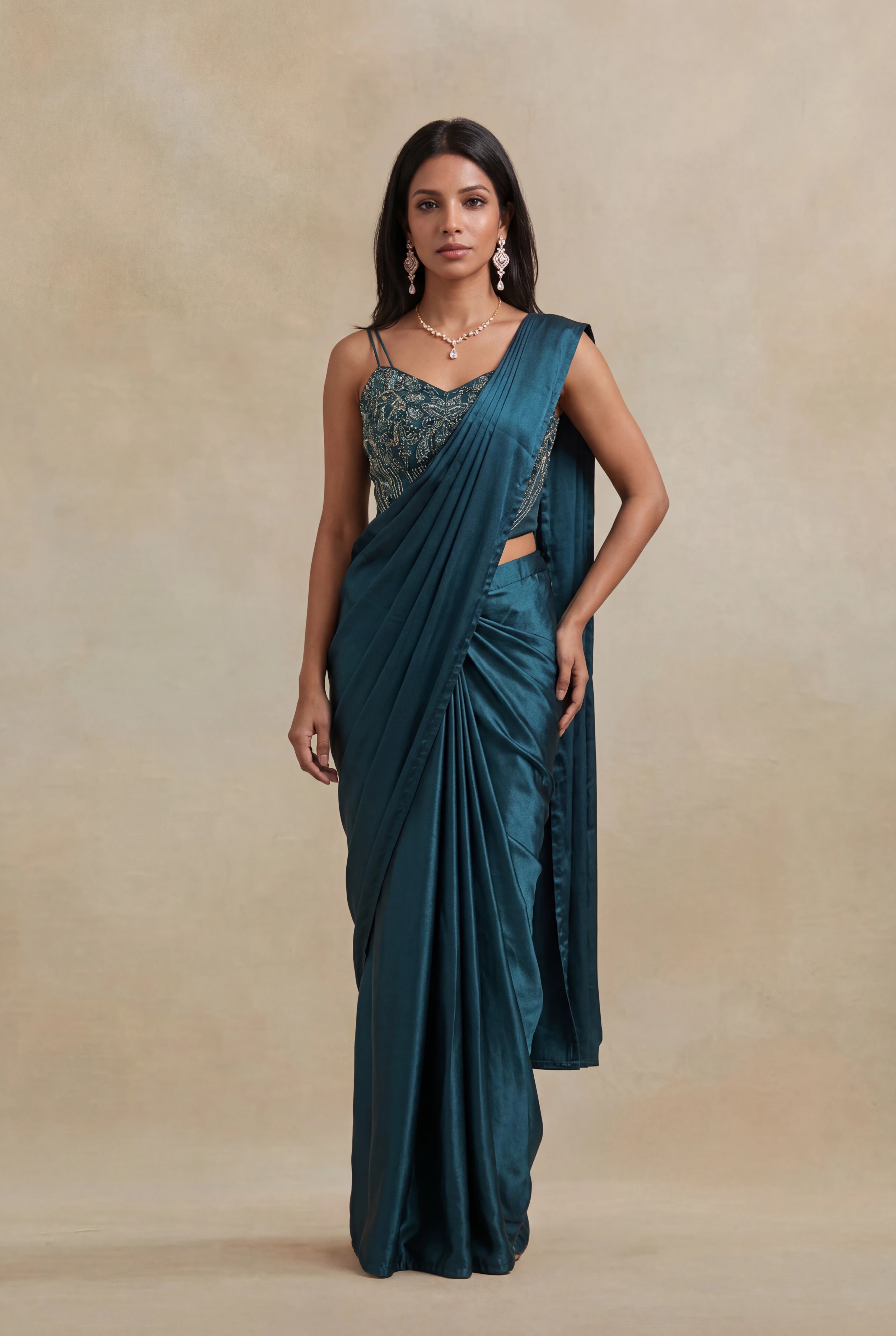 Bottle Green Satin Silk Pre-Draped Saree