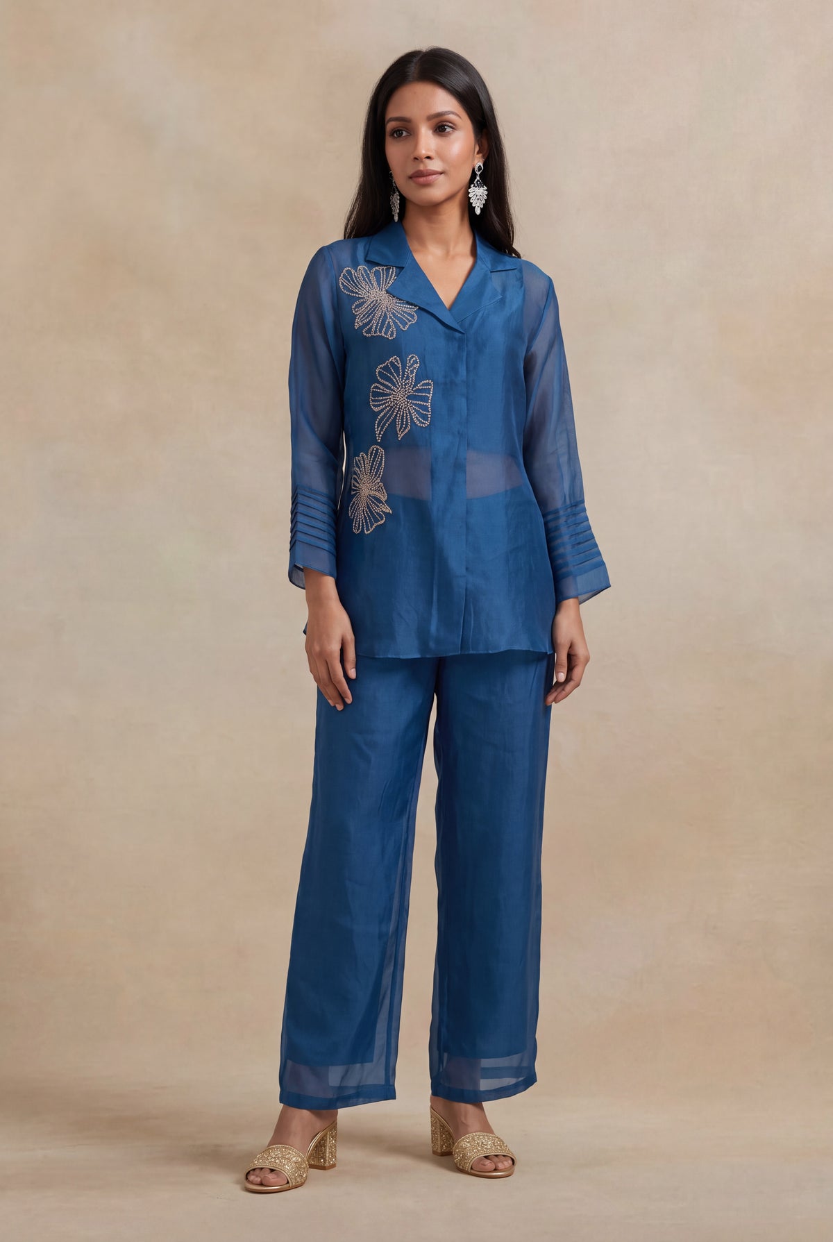 Teal Blue Organza Katdana Co-ord Set - Mokshaa