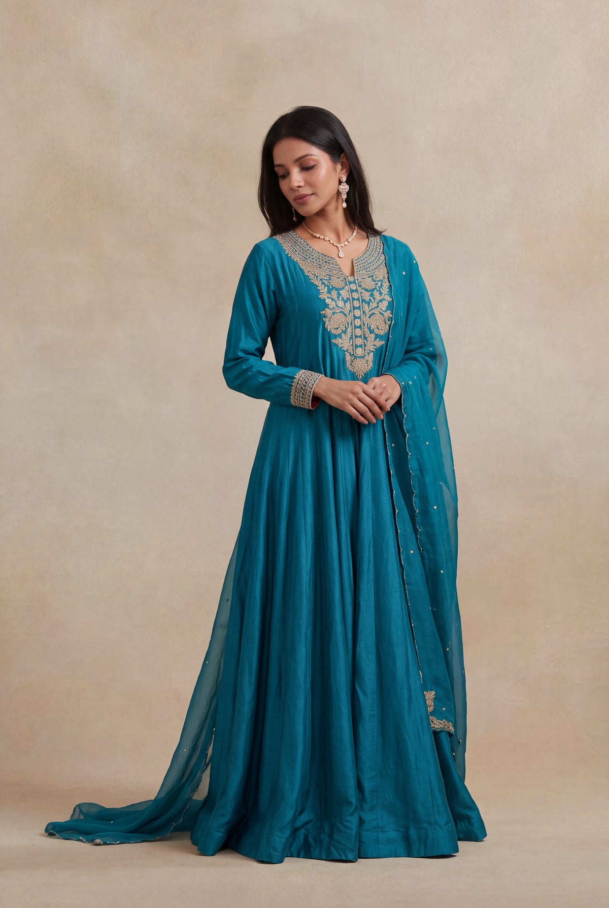 Teal Blue Chinon Silk Anarkali - Mokshaa