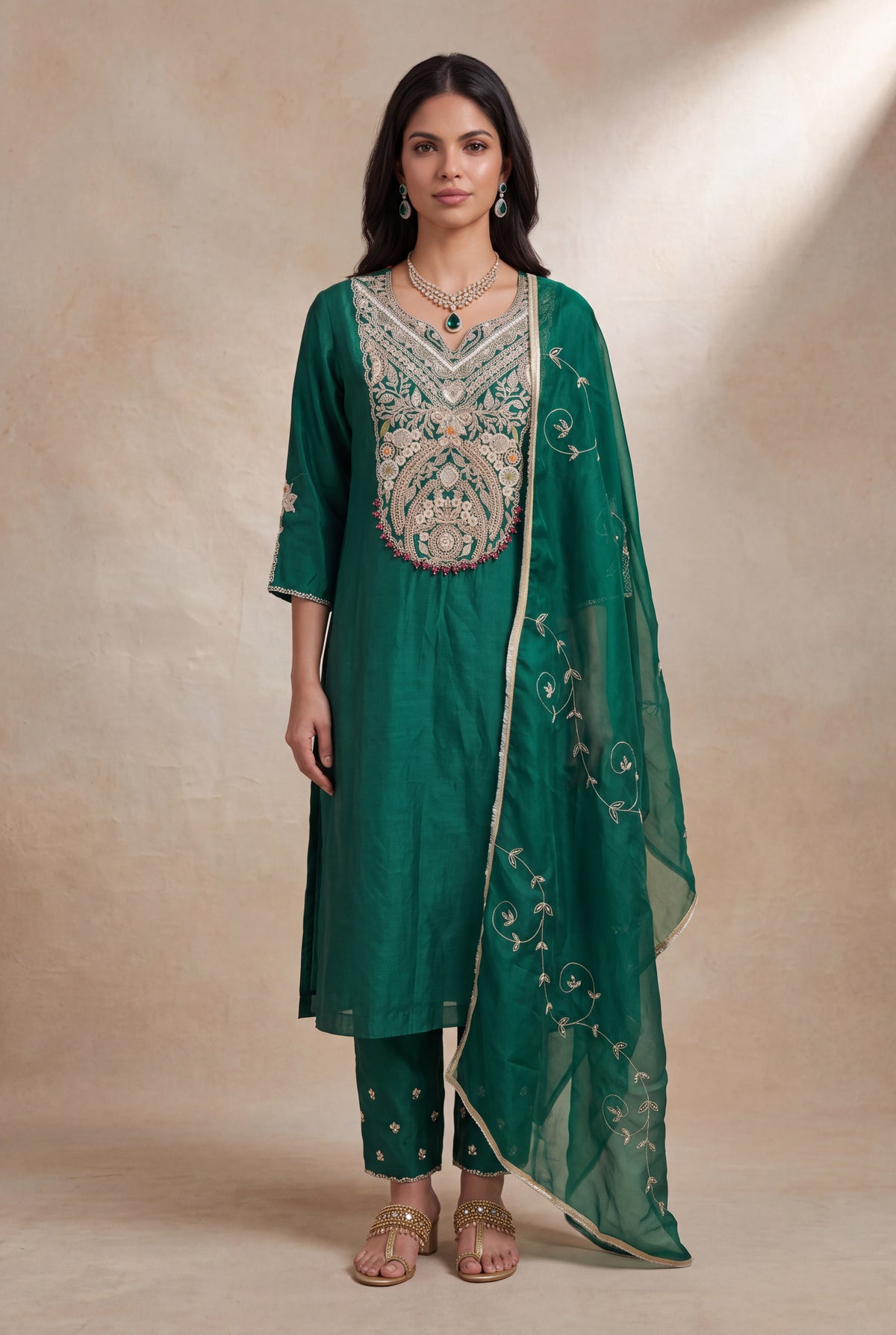 Emerald Green Silk Salwar Set - Mokshaa