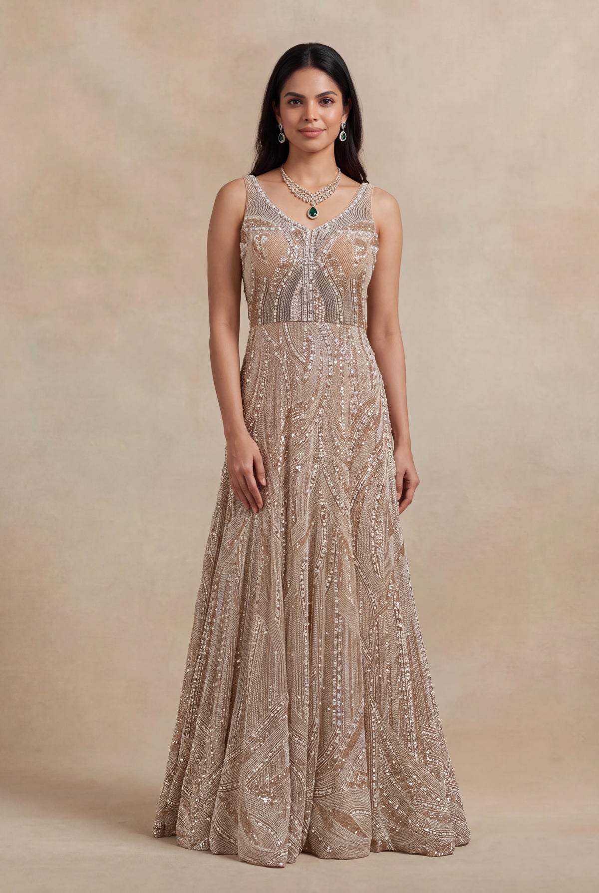 Champagne Gold Sequin & Pearl Embroidered Gown - Mokshaa