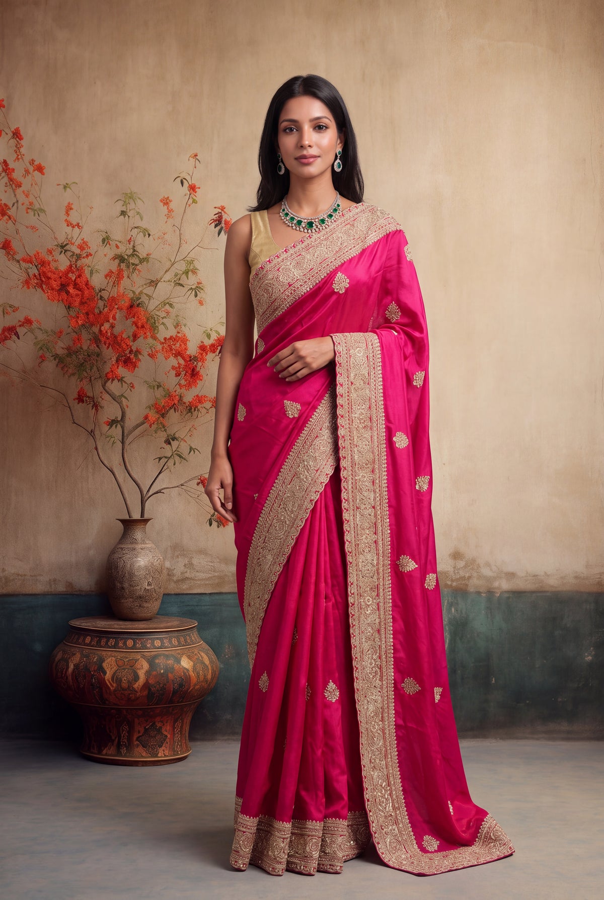 Rani Pink Satin Zardosi Saree - Mokshaa
