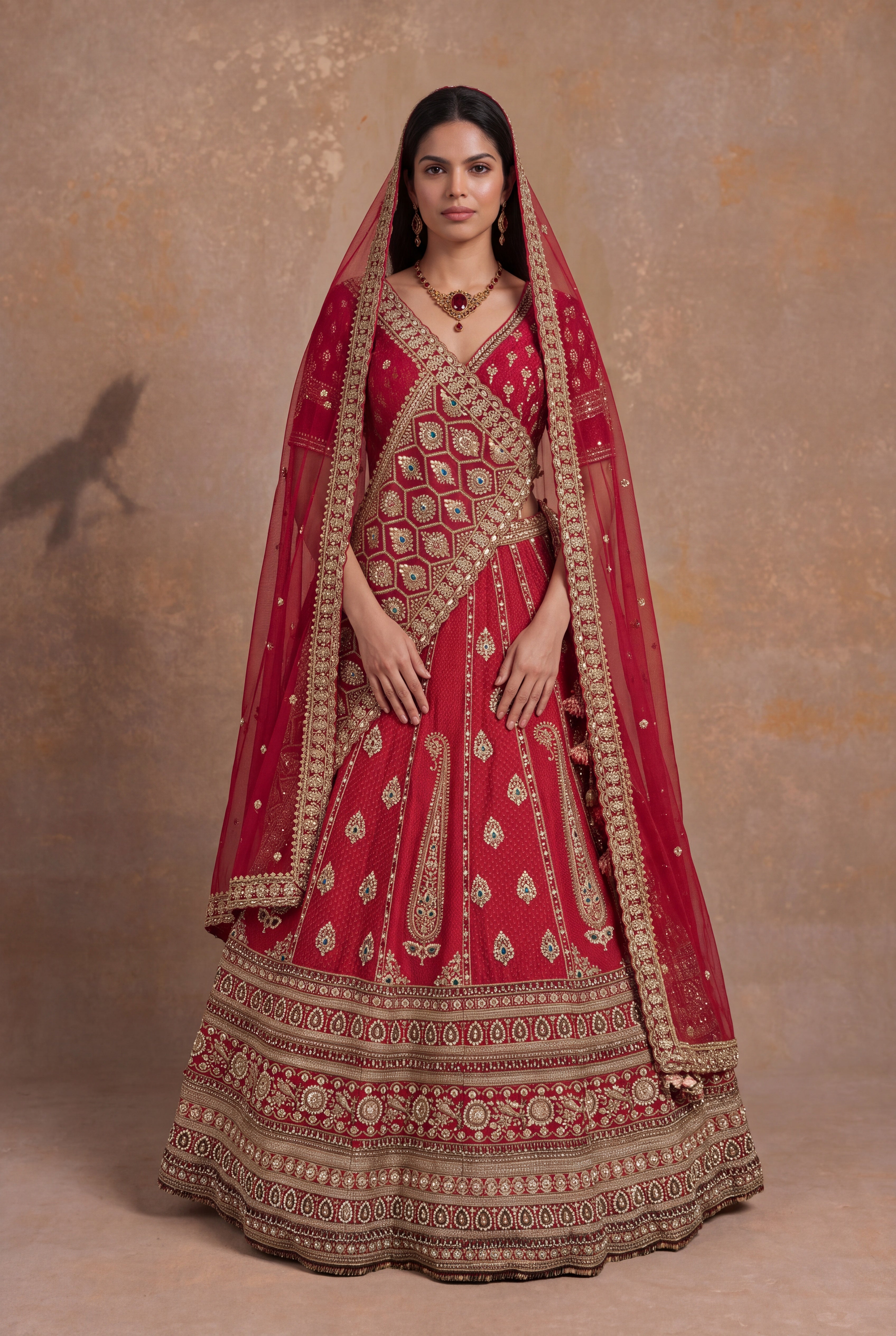 Red Silk Bridal Lehenga with Multicolour Stone & Zardozi Border