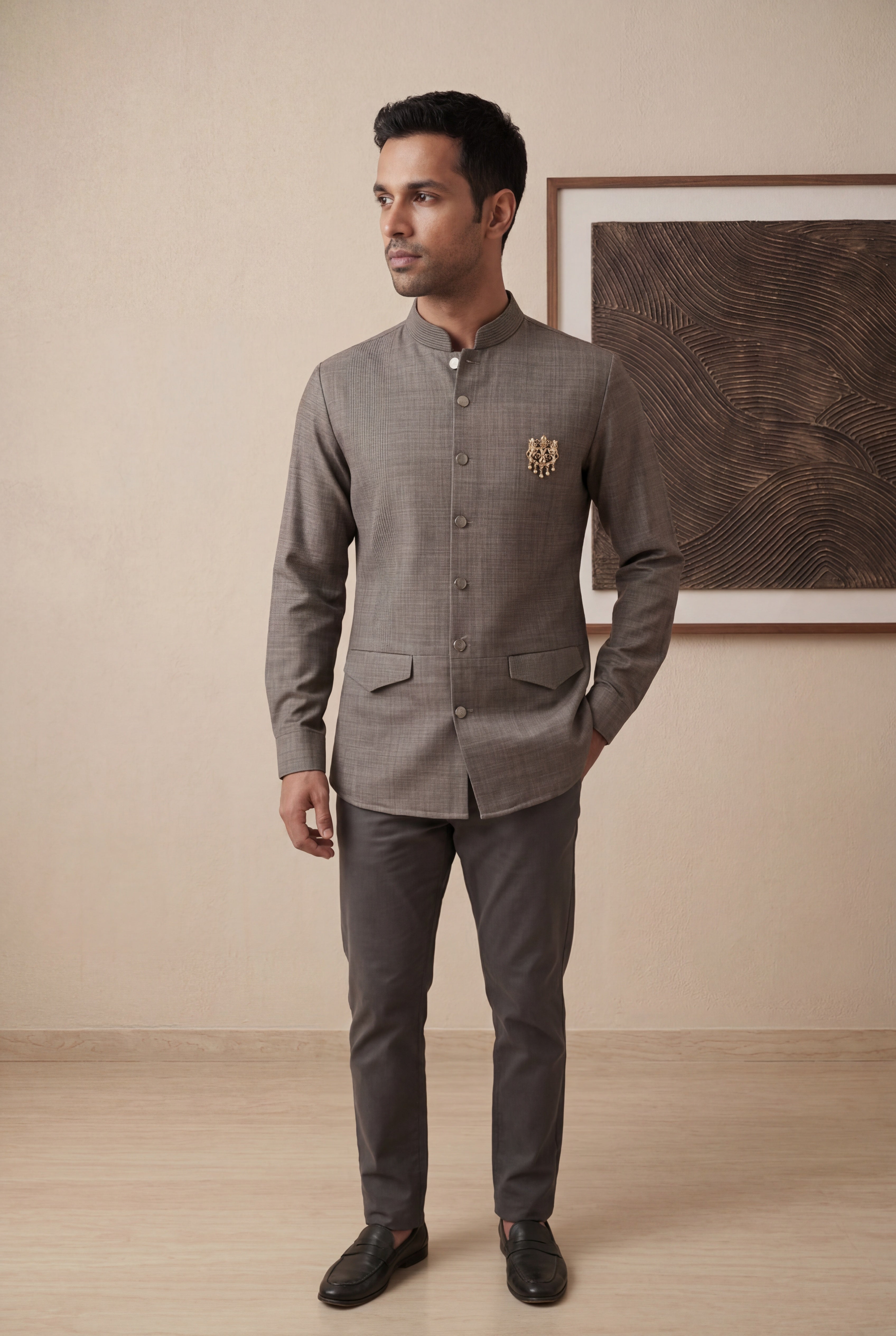 Olive Green Japanese Silk Mandarin Collar Shirt