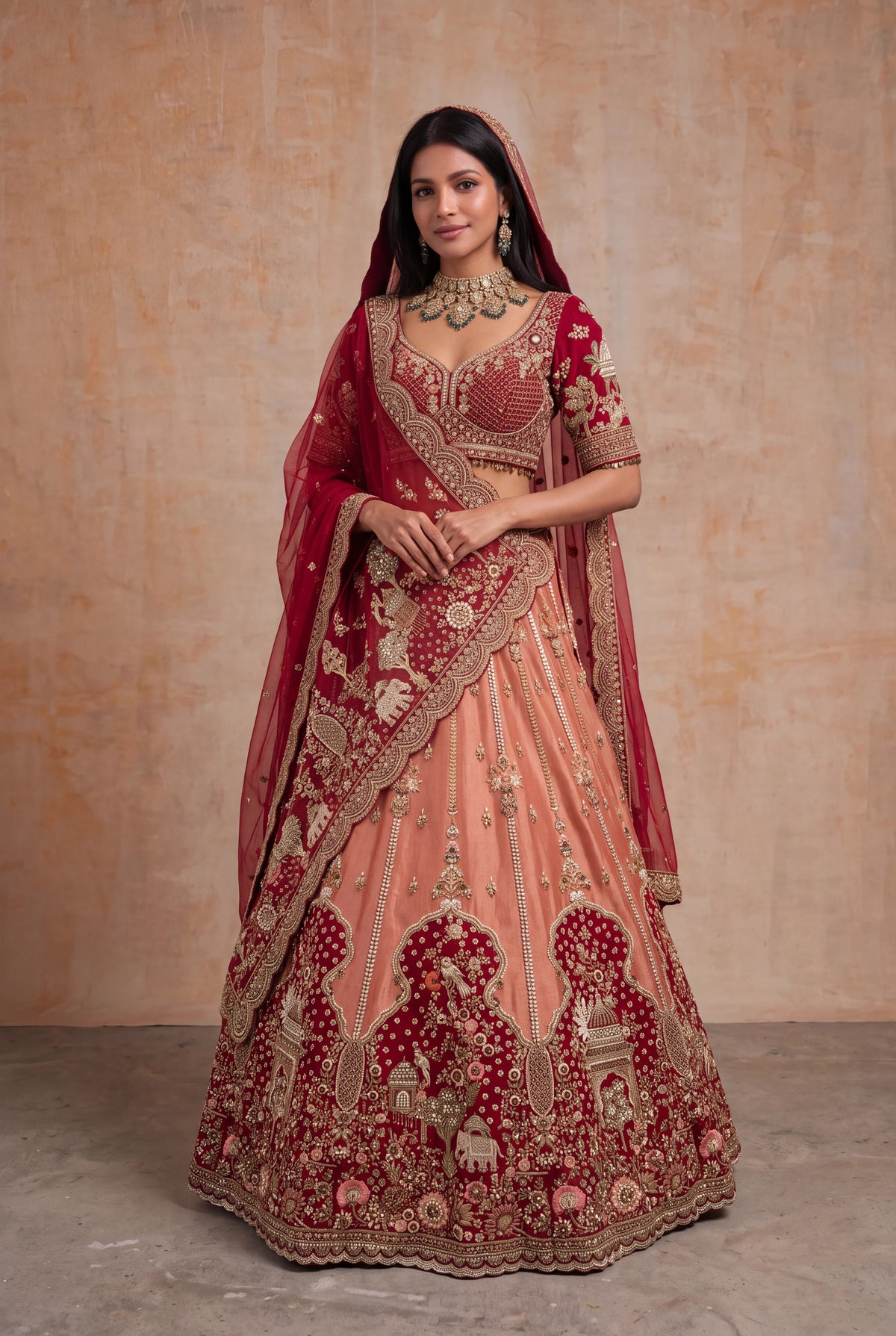 Peach & Deep Red Tissue Bridal Lehenga - Mokshaa