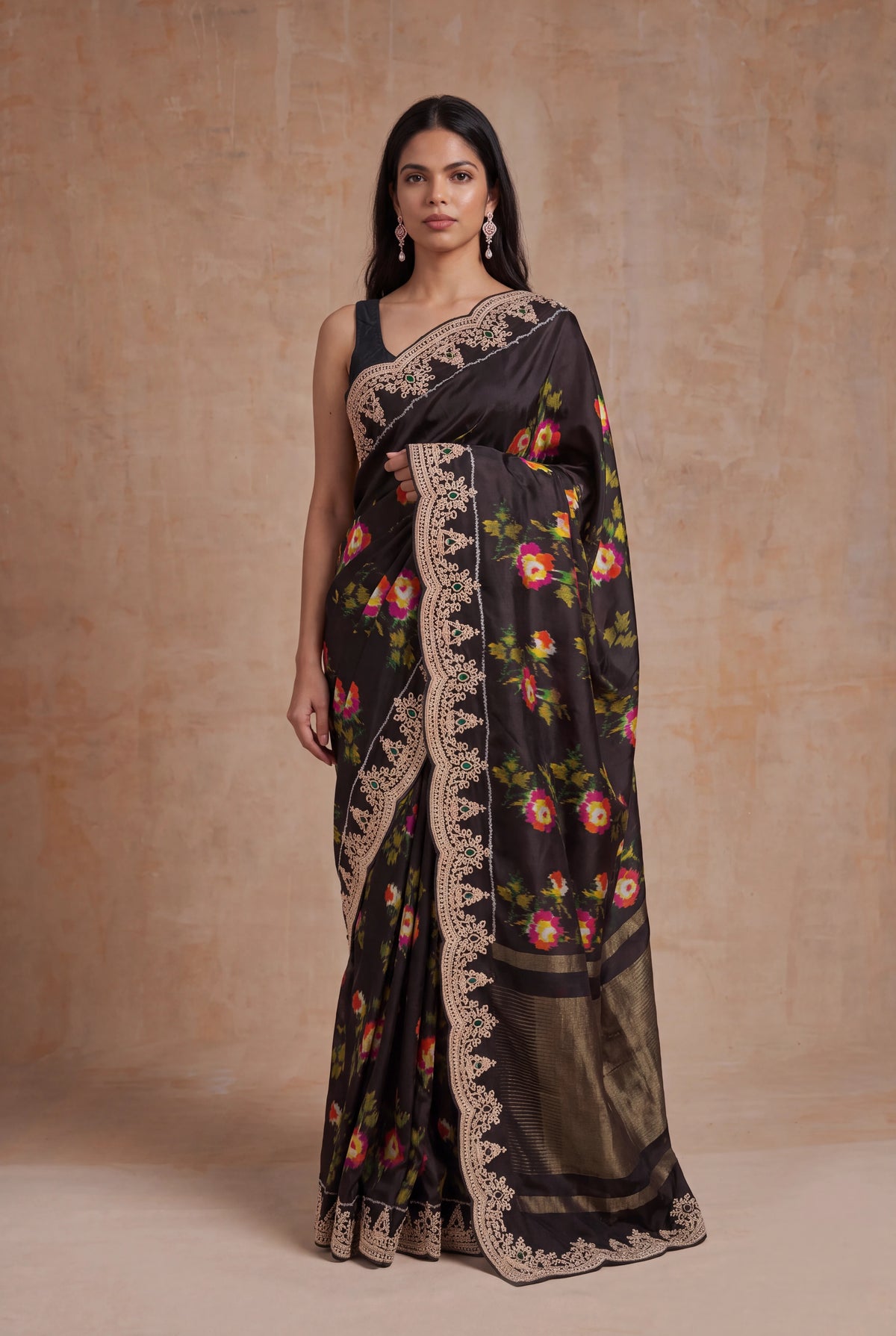 Dark Brown Twill Patola Silk Saree - Mokshaa