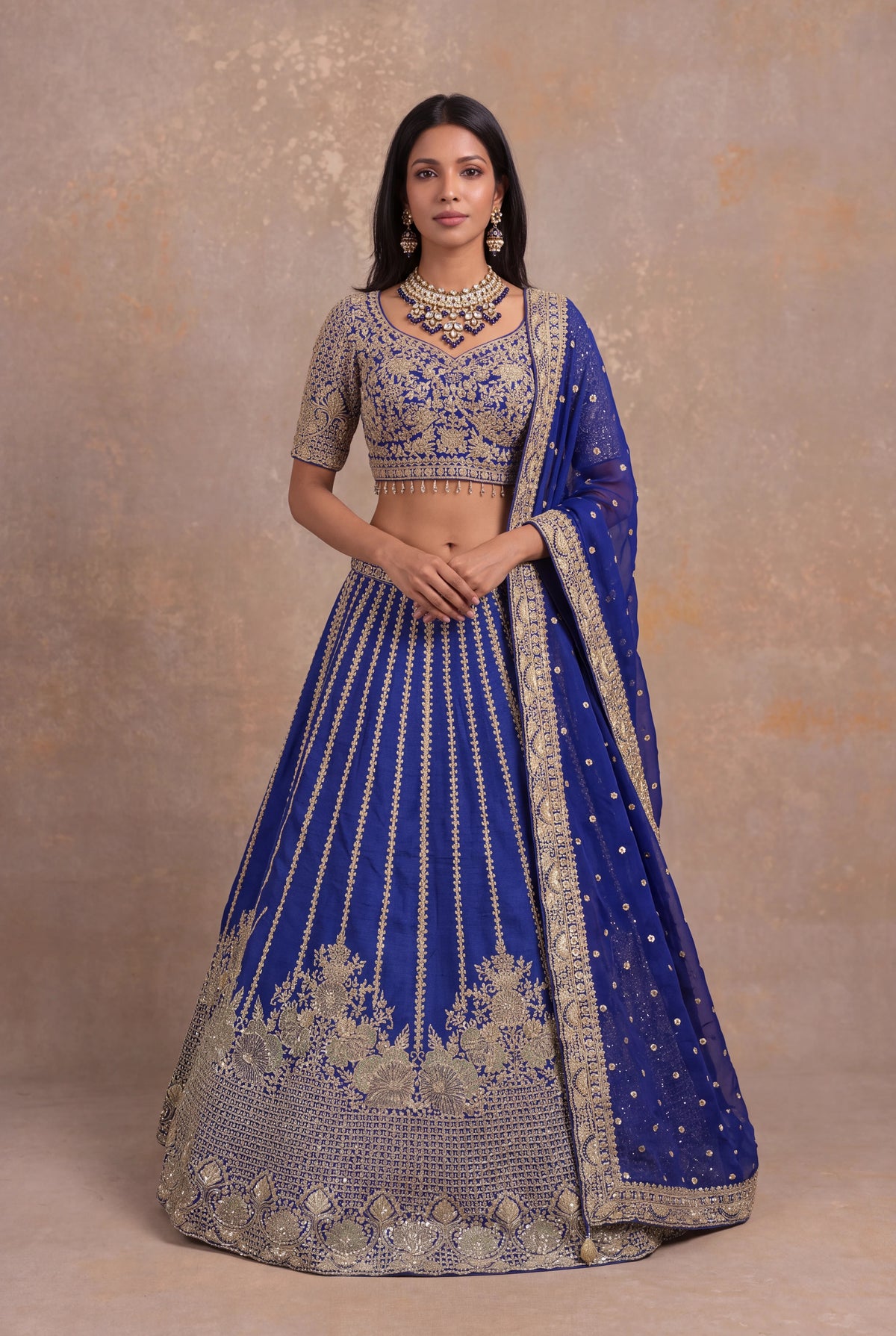 Ink Blue Raw Silk Lehenga Set with Zardozi Embroidery - Mokshaa