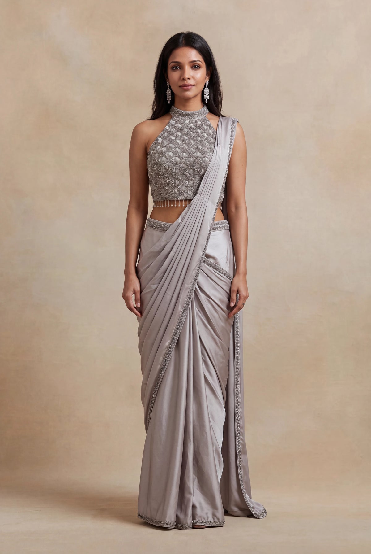 Silver Grey Satin Silk Ready-to-Wear Saree with Embellished Blouse - Mokshaa