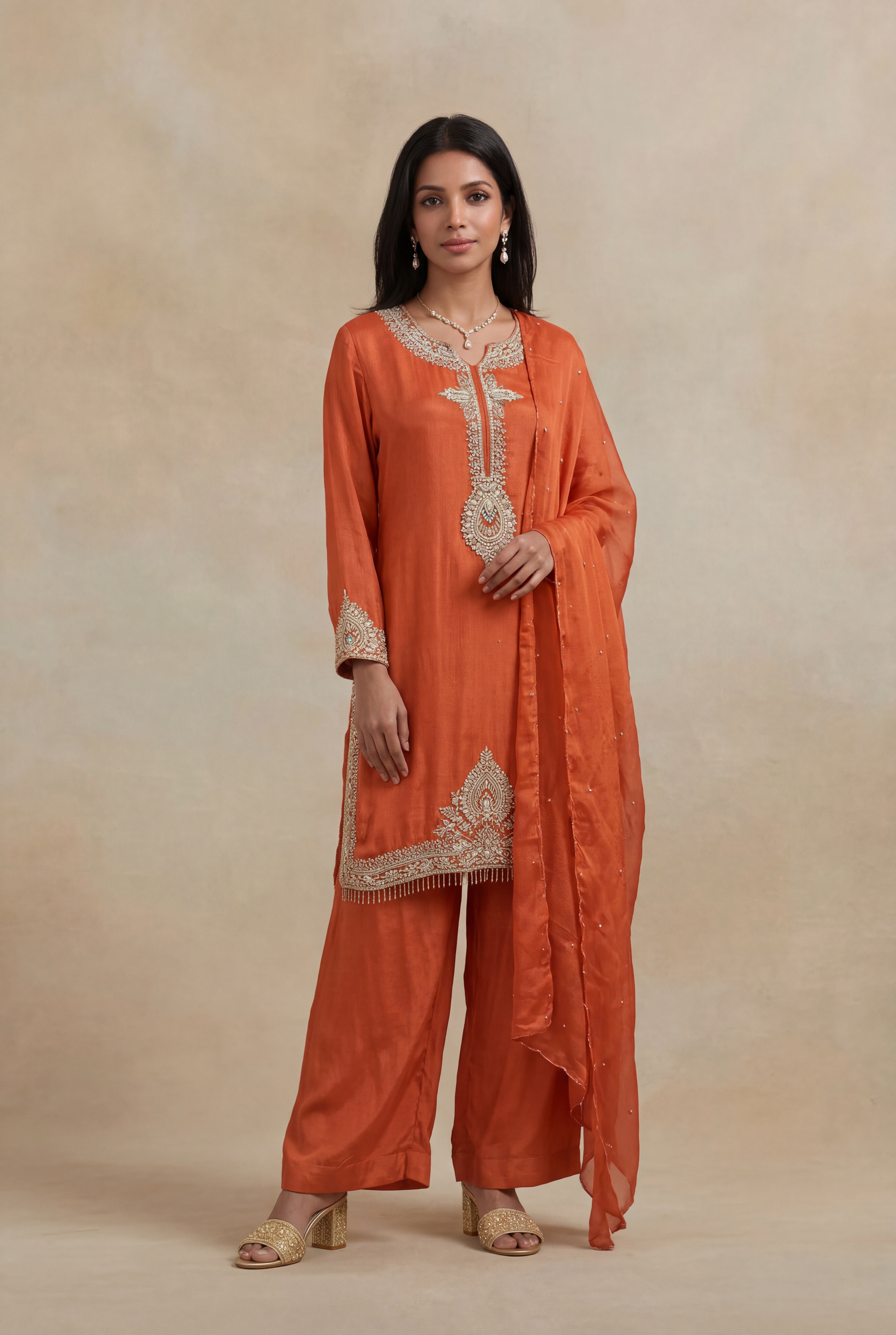 Orange Crepe Embroidered Short Top Sharara Set