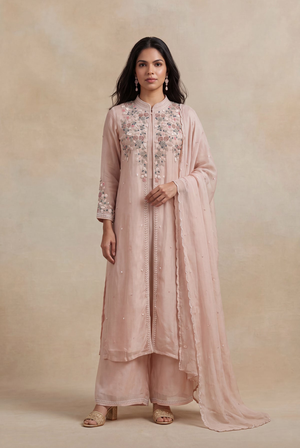 Blush Pink Crepe Indo-Western Sharara Set - Mokshaa