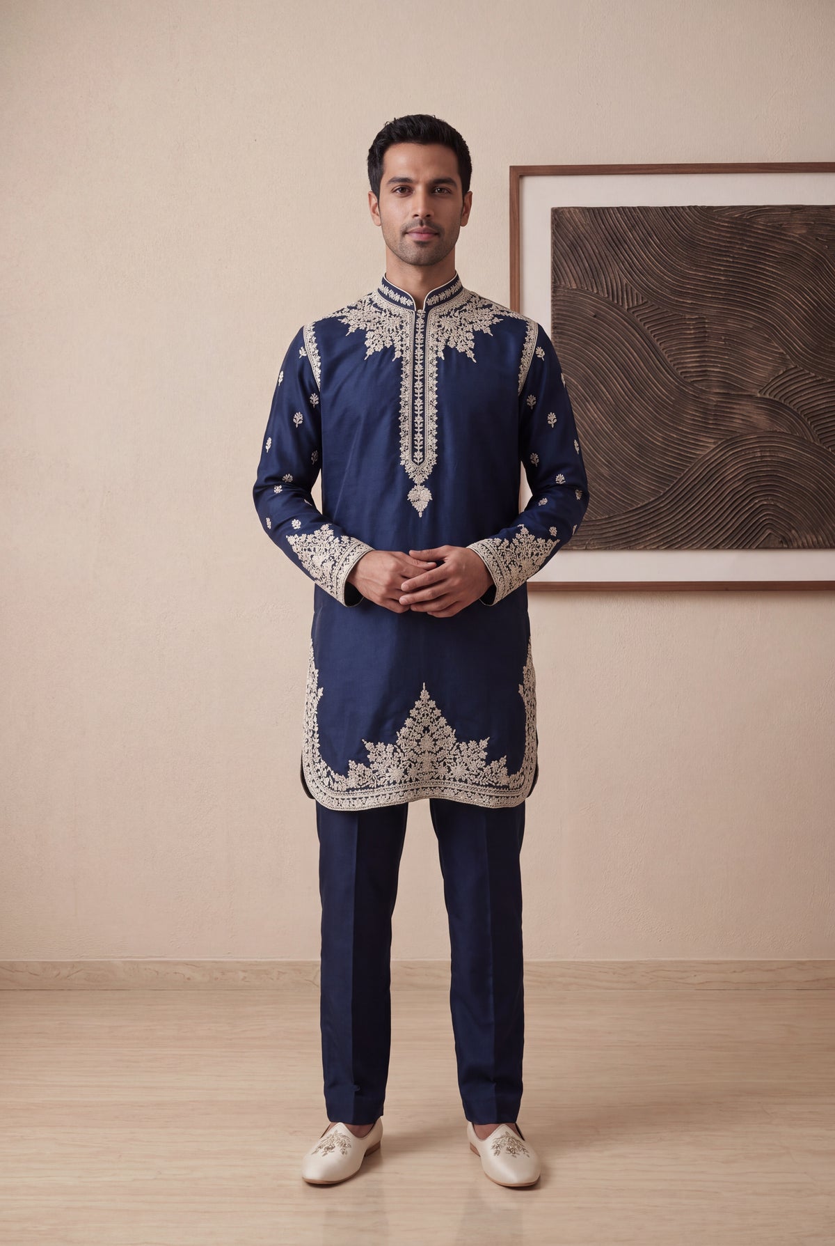 Navy Blue Silk Kurta Pant Set - Mokshaa