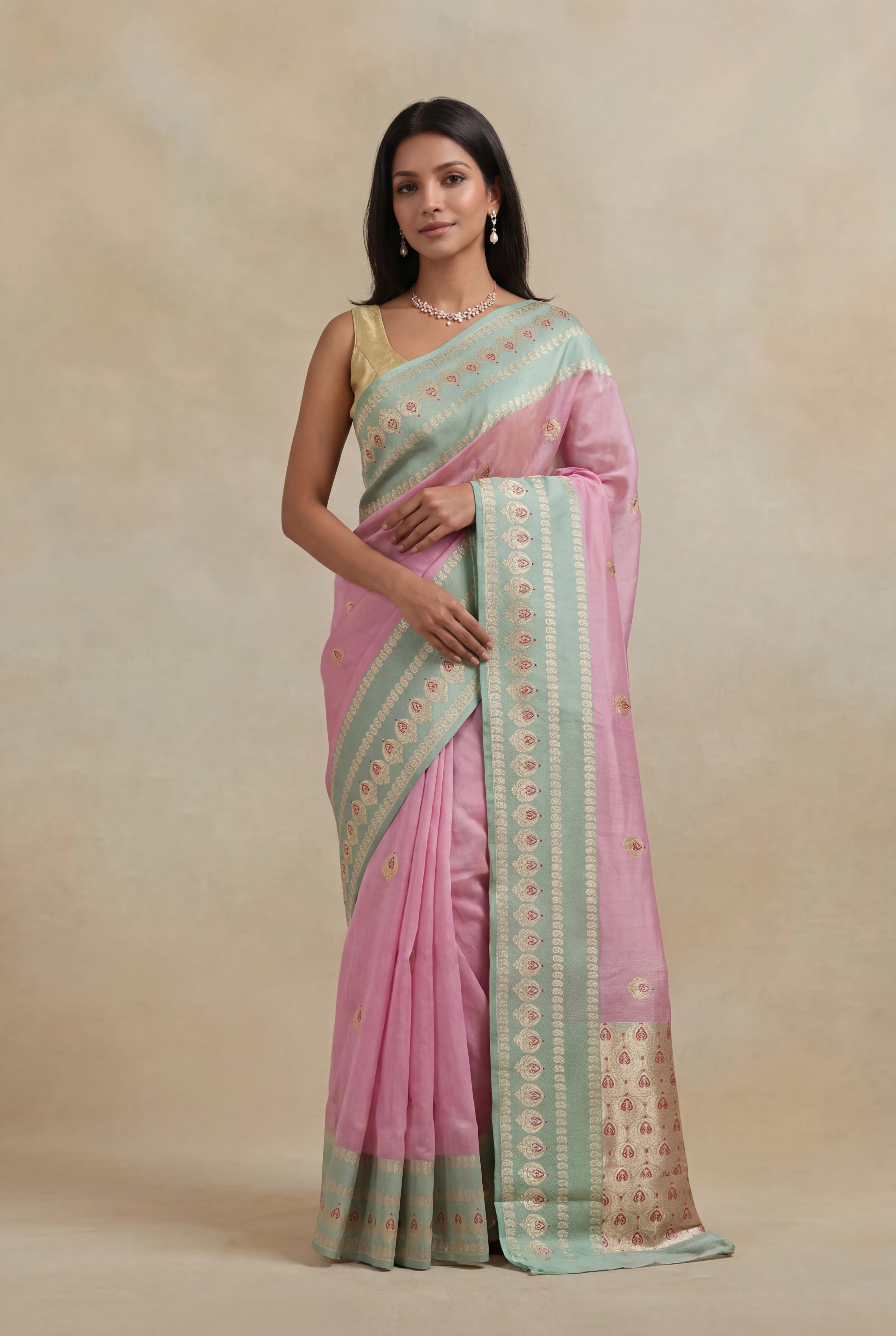 Baby Pink Banarasi Kora Silk Saree