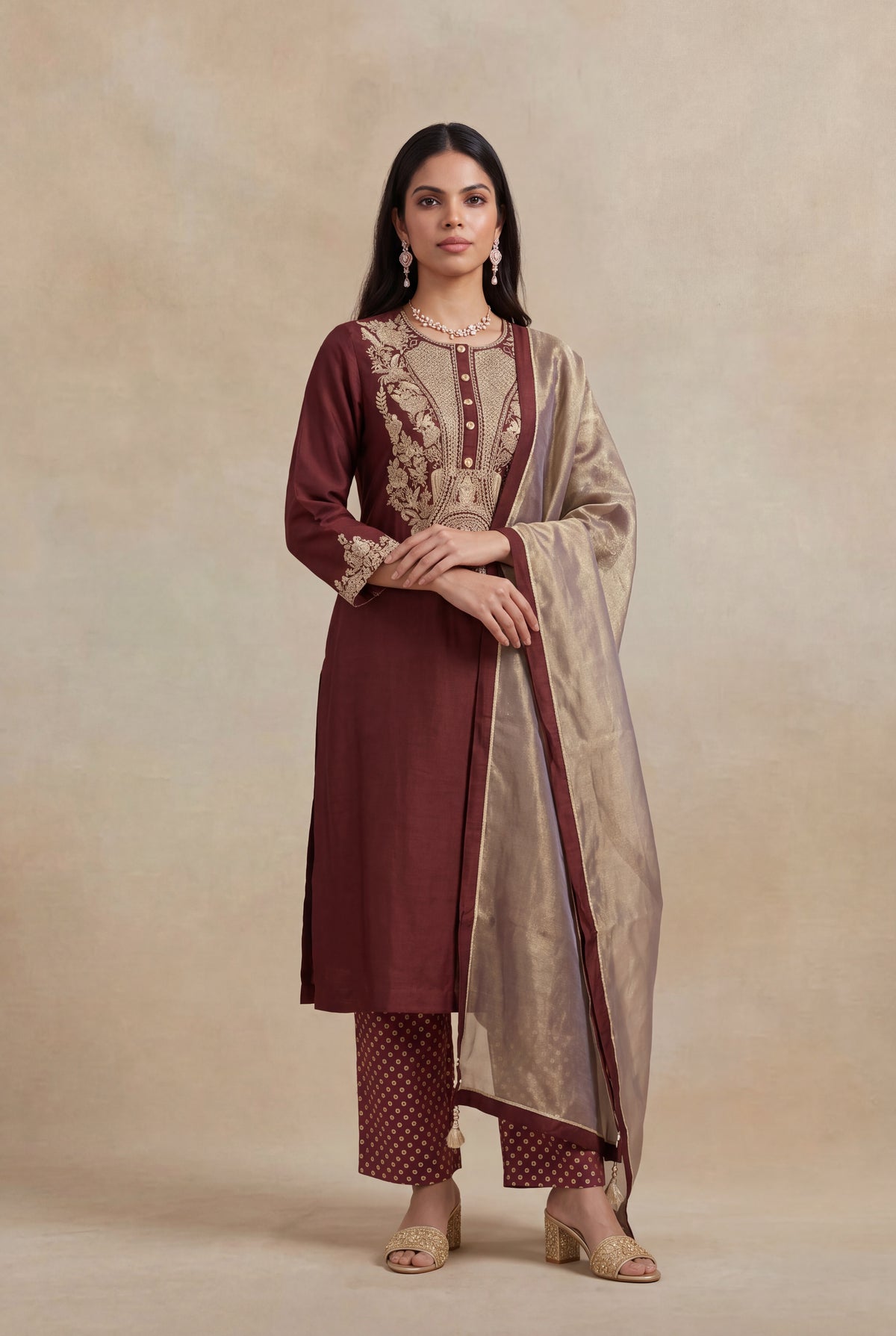 Wine Raw Silk Zardosi A-Line Salwar Set - Mokshaa