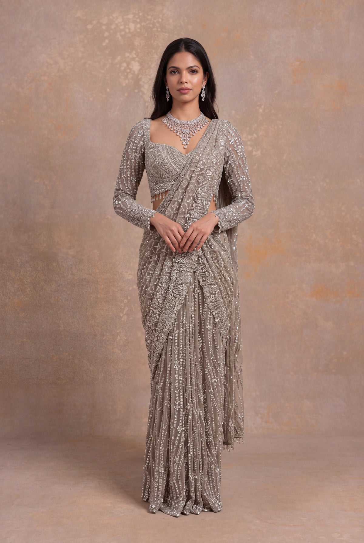 Beige Embellished Net Pre-Draped Saree - Mokshaa