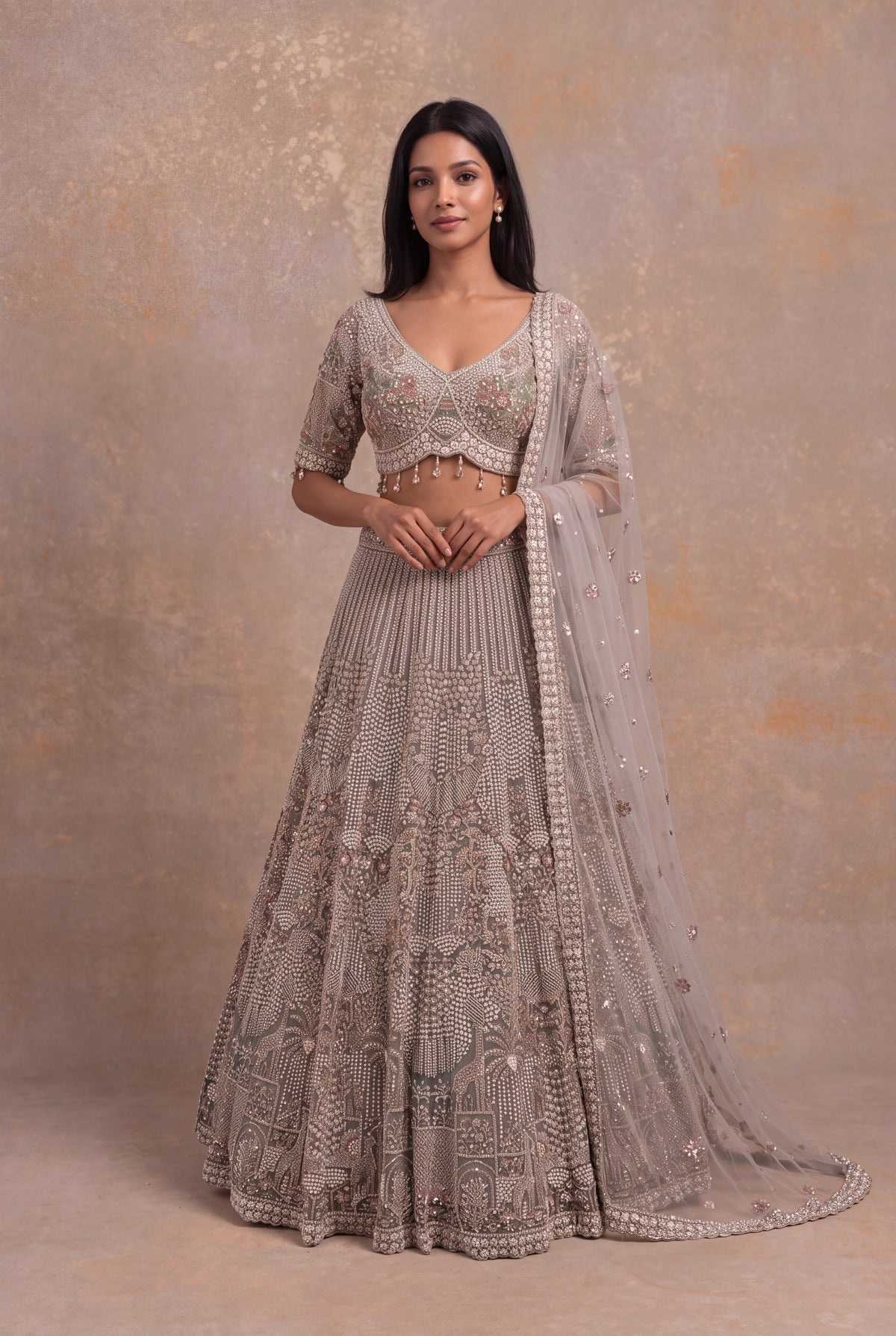 Taupe Net Lehenga - Mokshaa