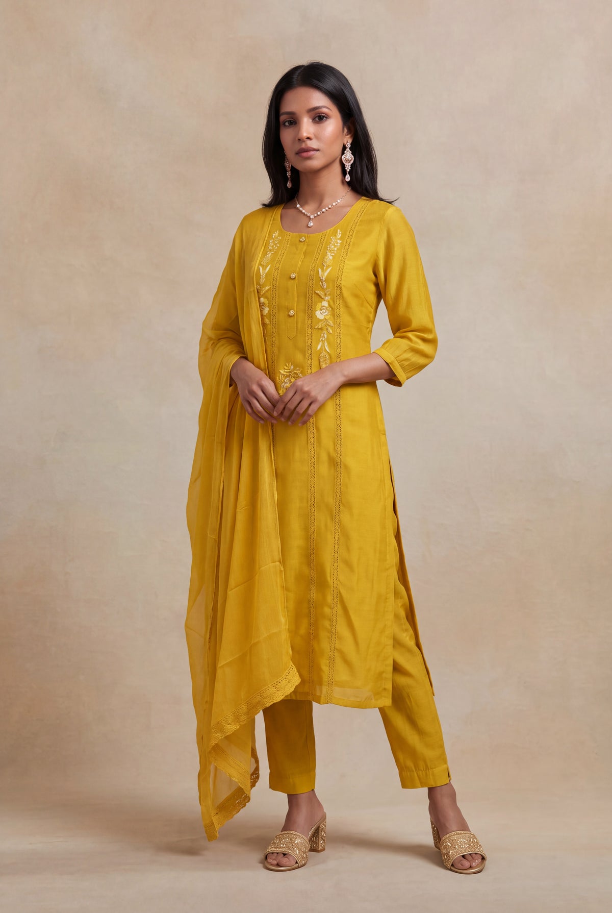 Mustard Yellow Mul Cotton Embroidered Salwar Set - Mokshaa