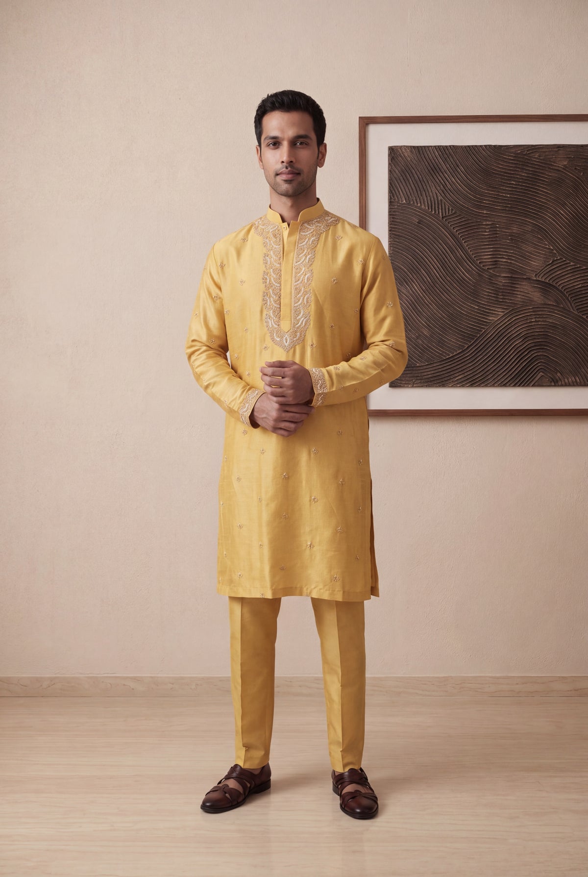 Yellow Raw Silk Embroidered Kurta Pant - Mokshaa