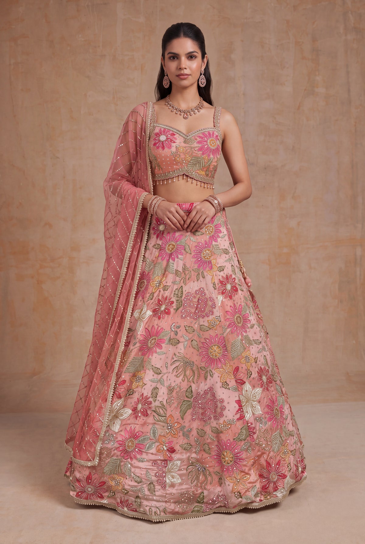 Peach Crepe Silk Lehenga - Mokshaa