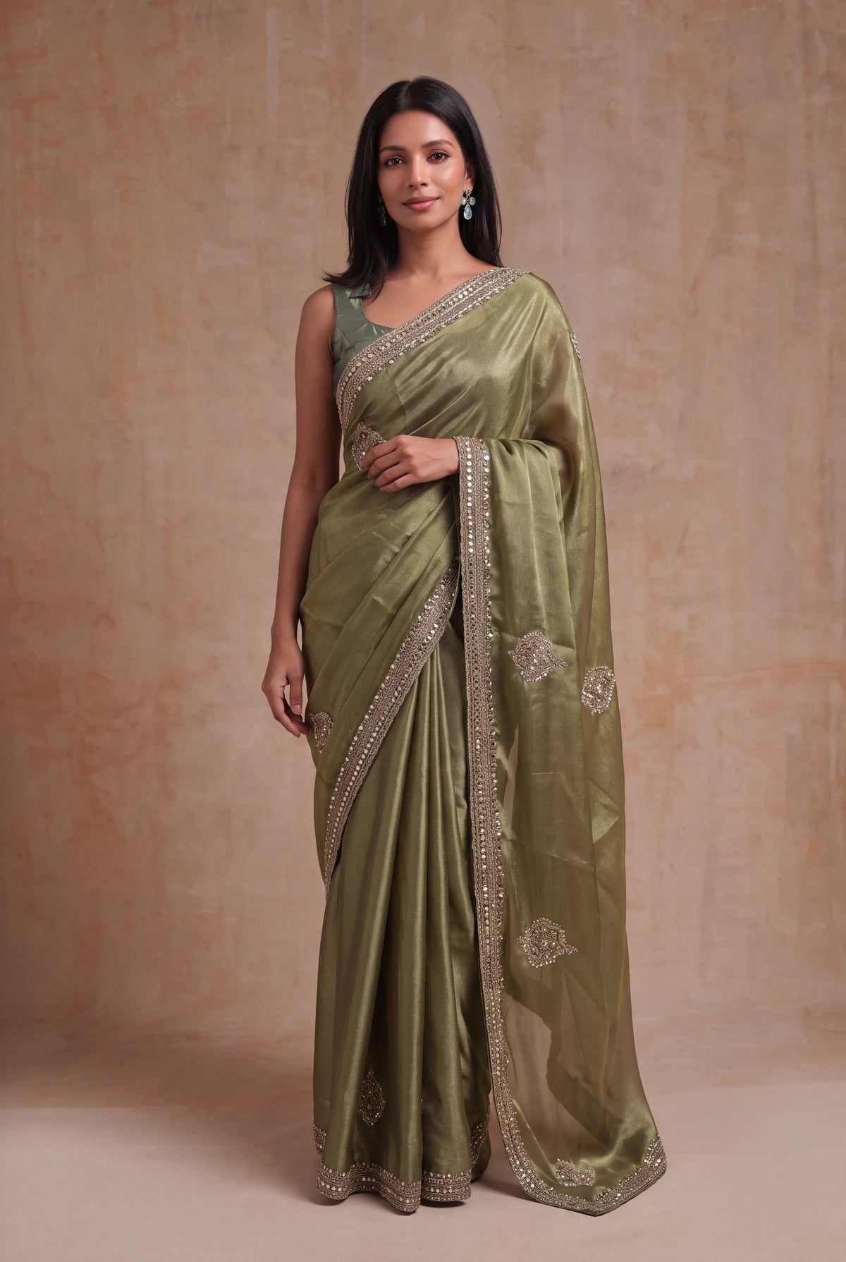 Olive Green Organza Saree with Gold Embellishments - Mokshaa