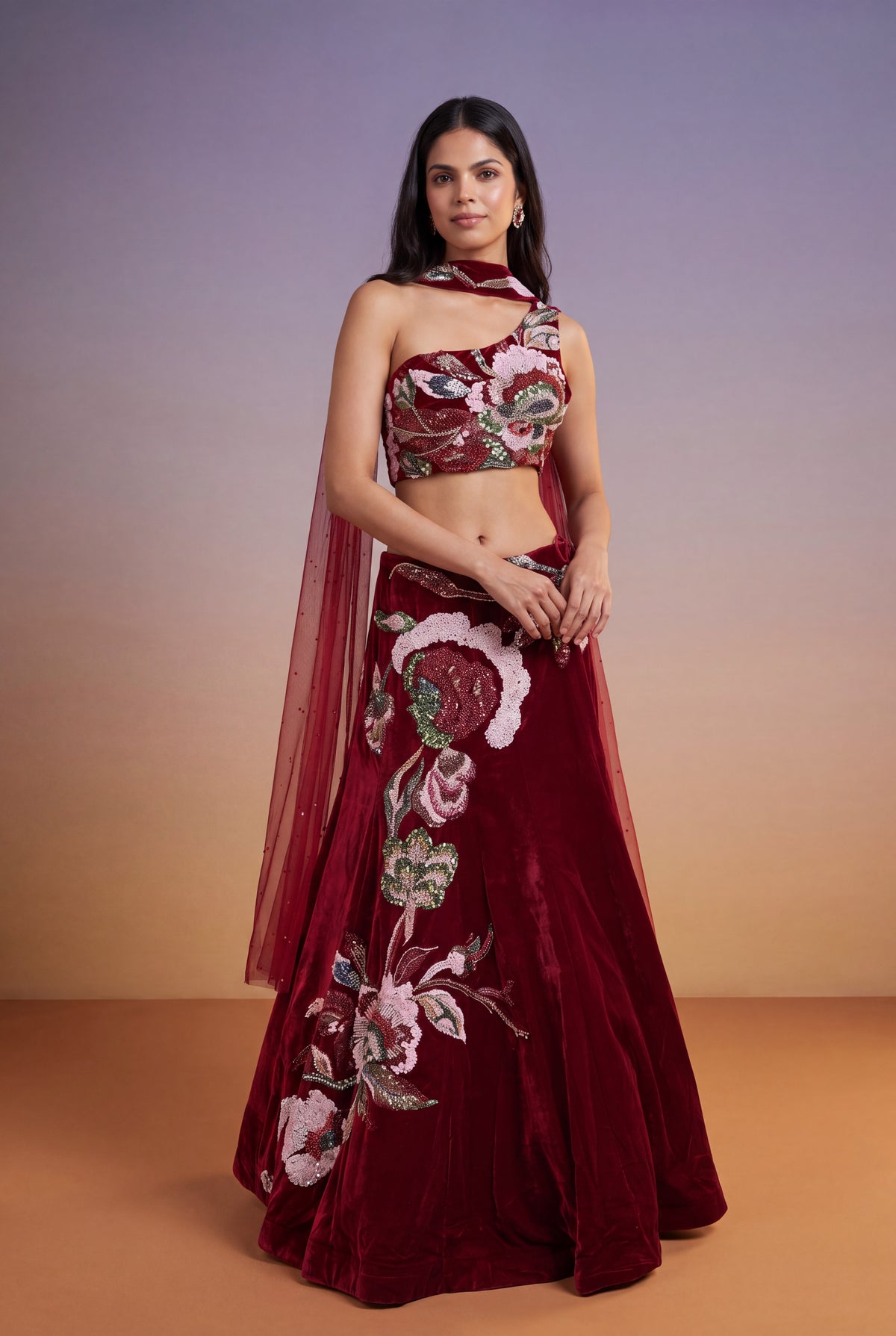 Cherry Red Velvet Lehenga Set with Cutdana and Pearl Embroidery - Mokshaa