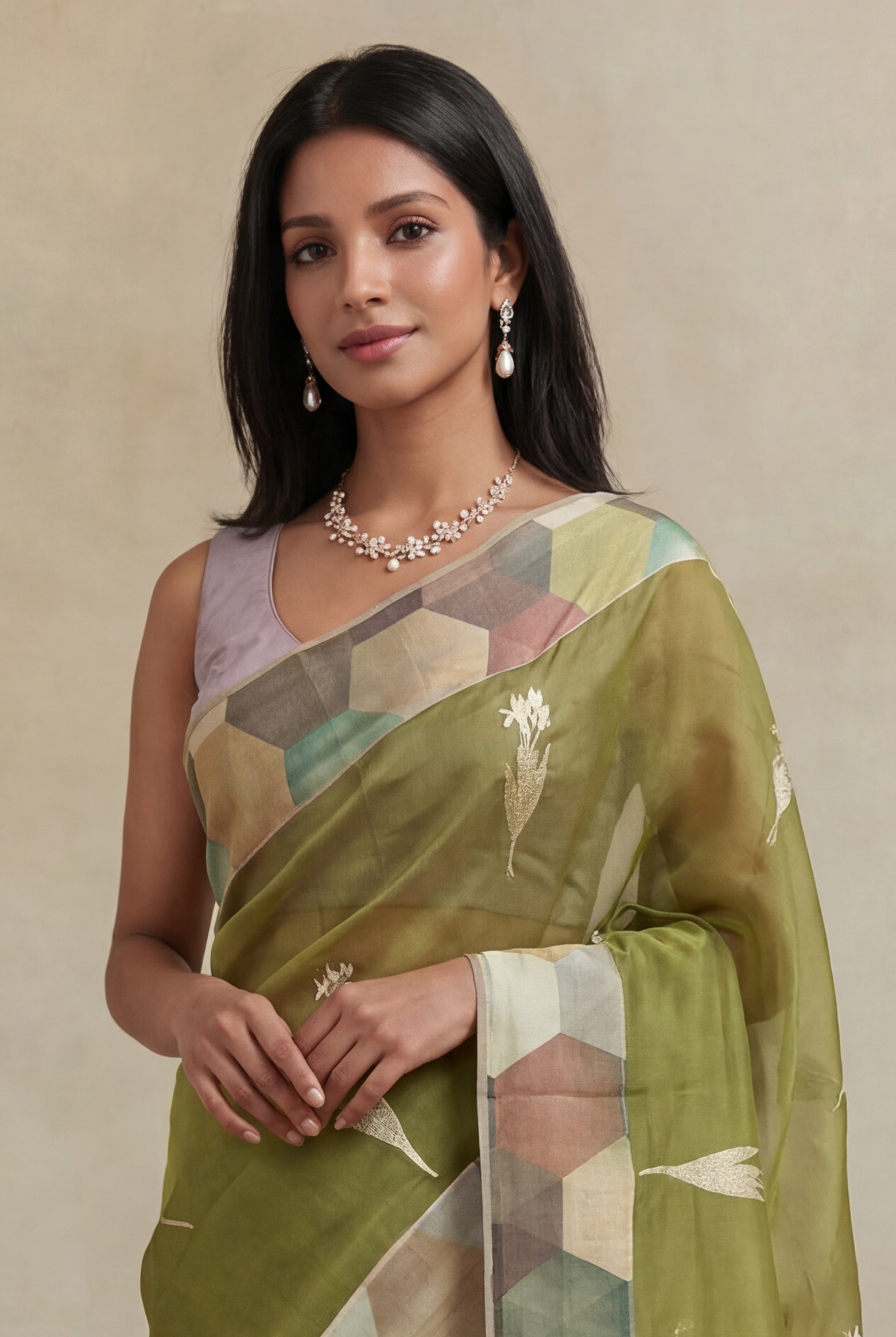 Olive Green Silk Kora Saree
