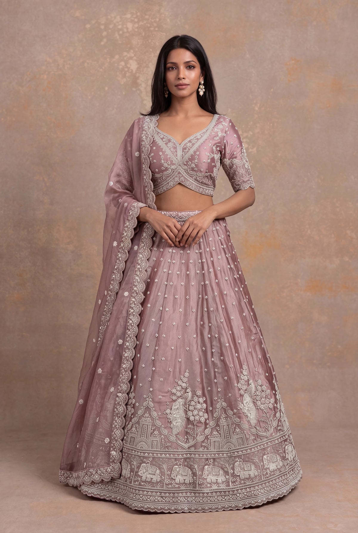 Dusty Rose Shimmer Organza Embroidered Lehenga - Mokshaa