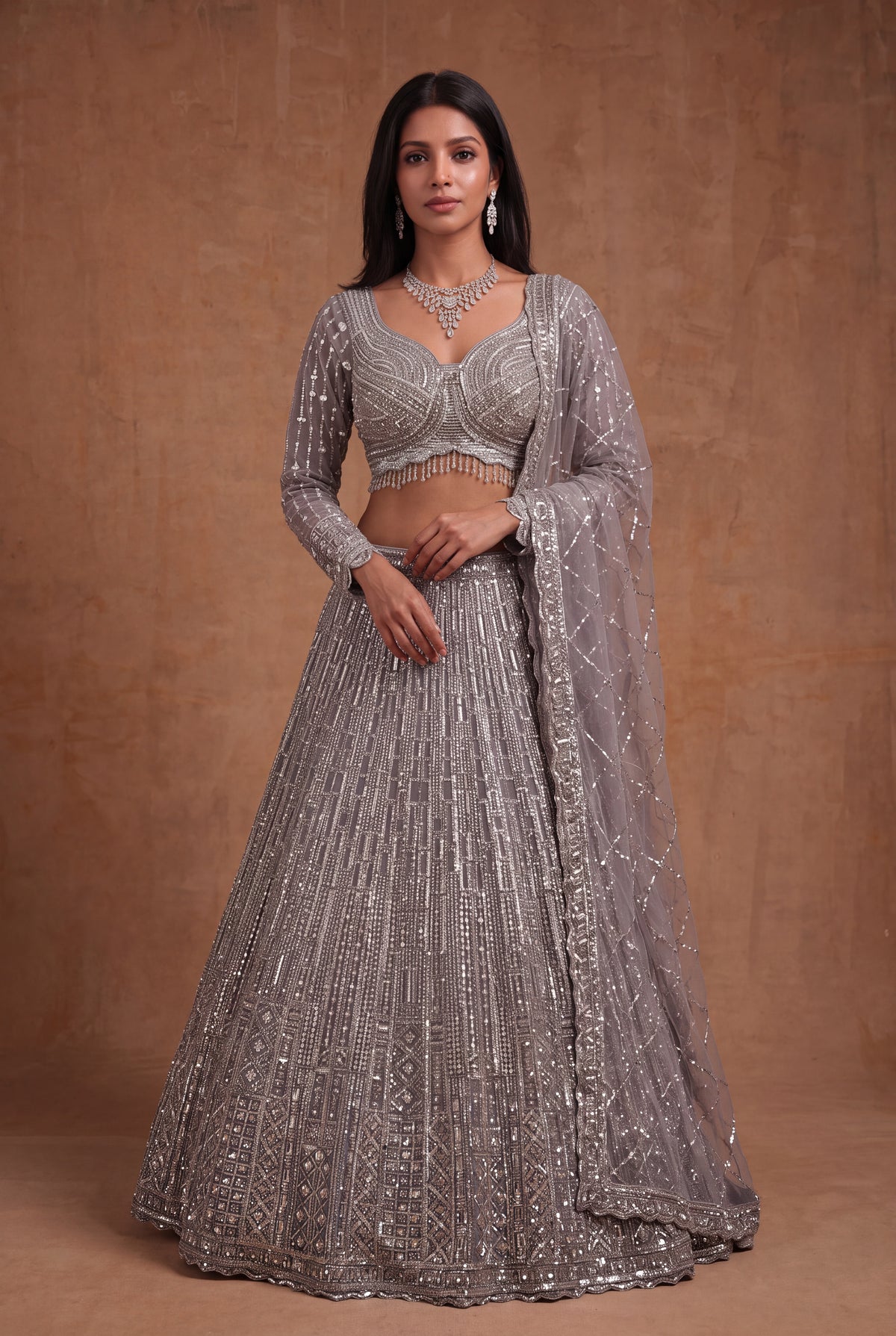 Silver Grey Net Lehenga - Mokshaa
