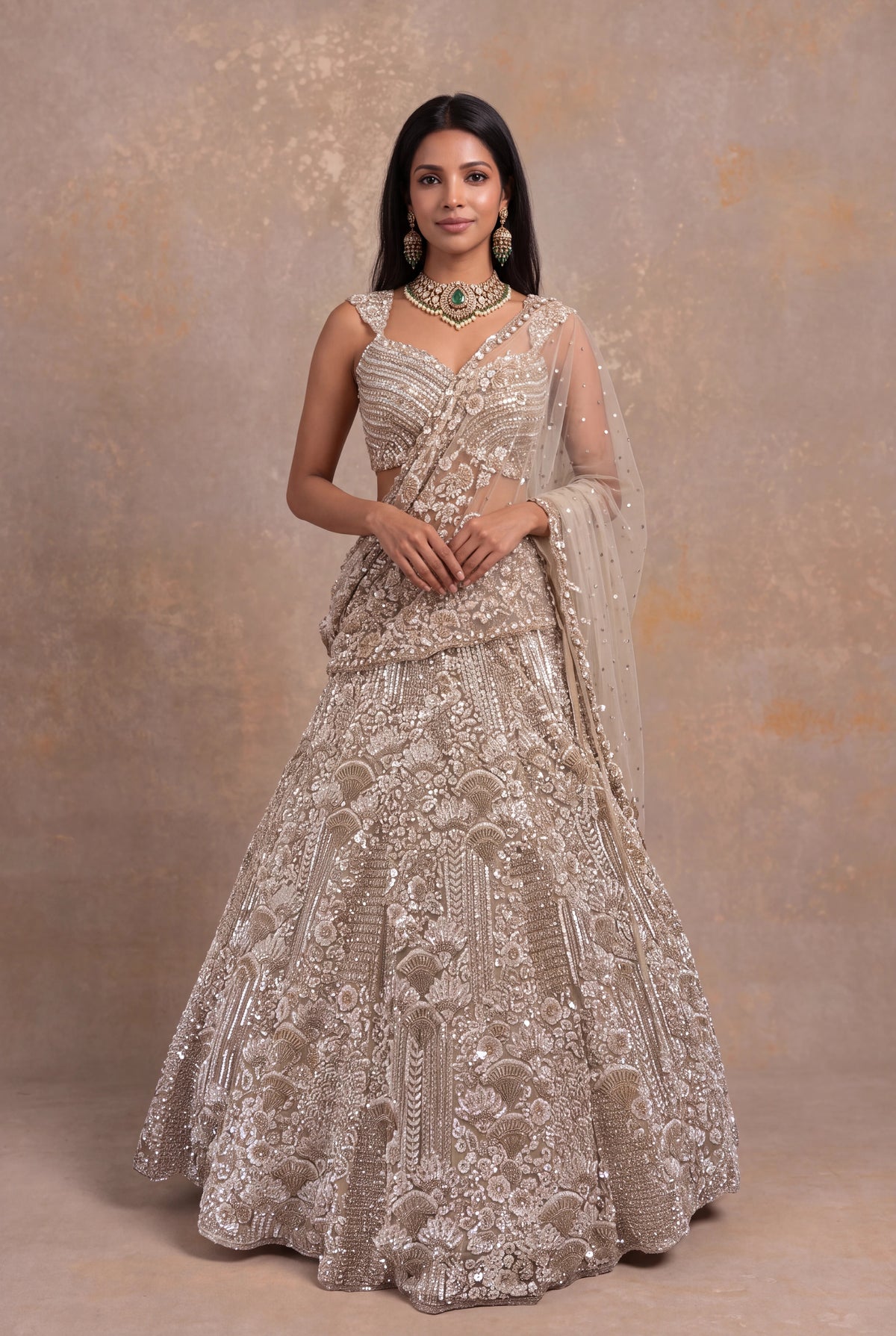 Beige Gold Net Lehenga with Sequin and Bead Embroidery - Mokshaa