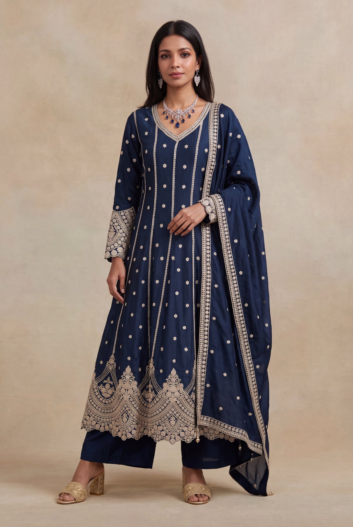 Navy Blue Raw Silk Anarkali Set - Mokshaa