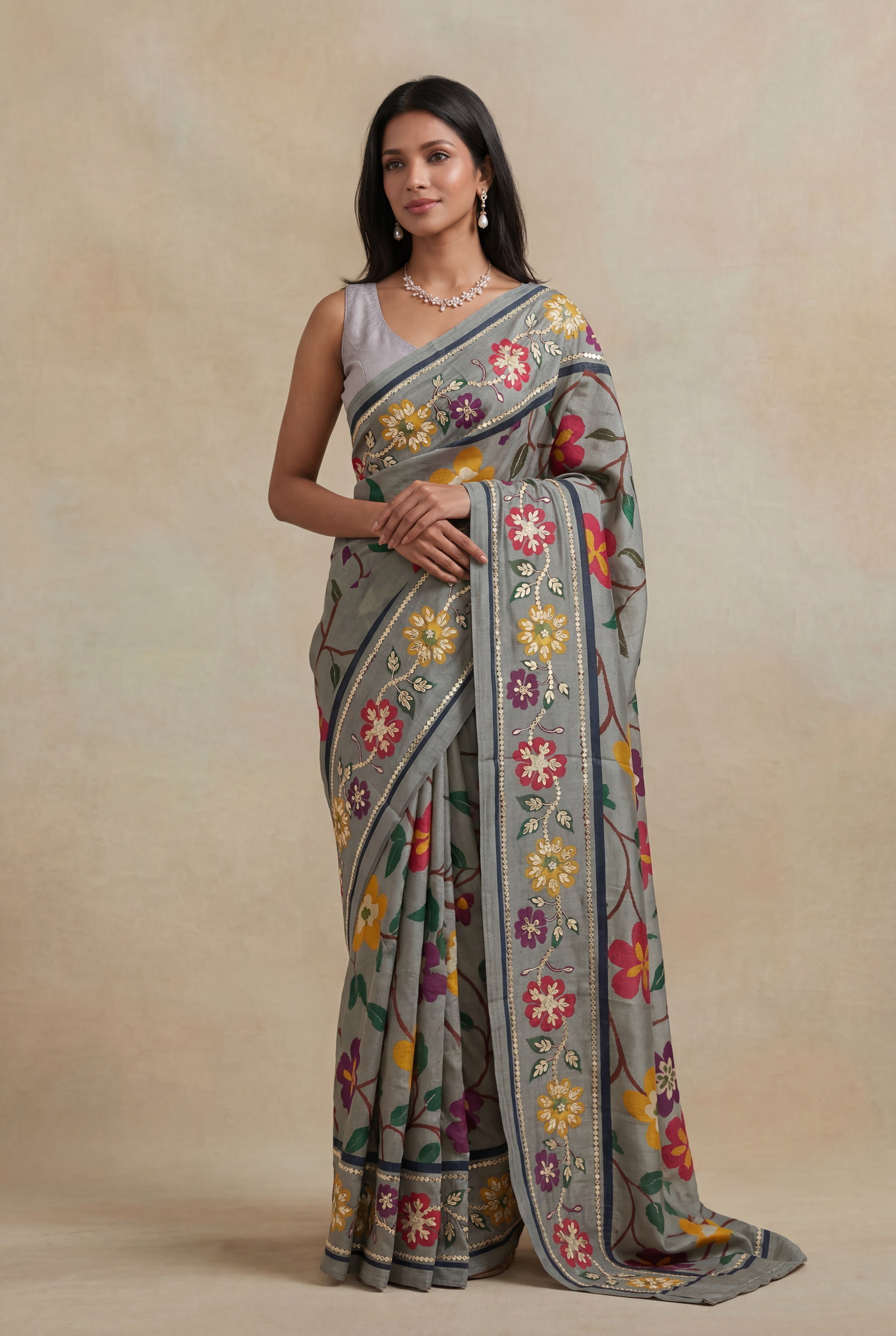 Grey Tussar Silk Saree