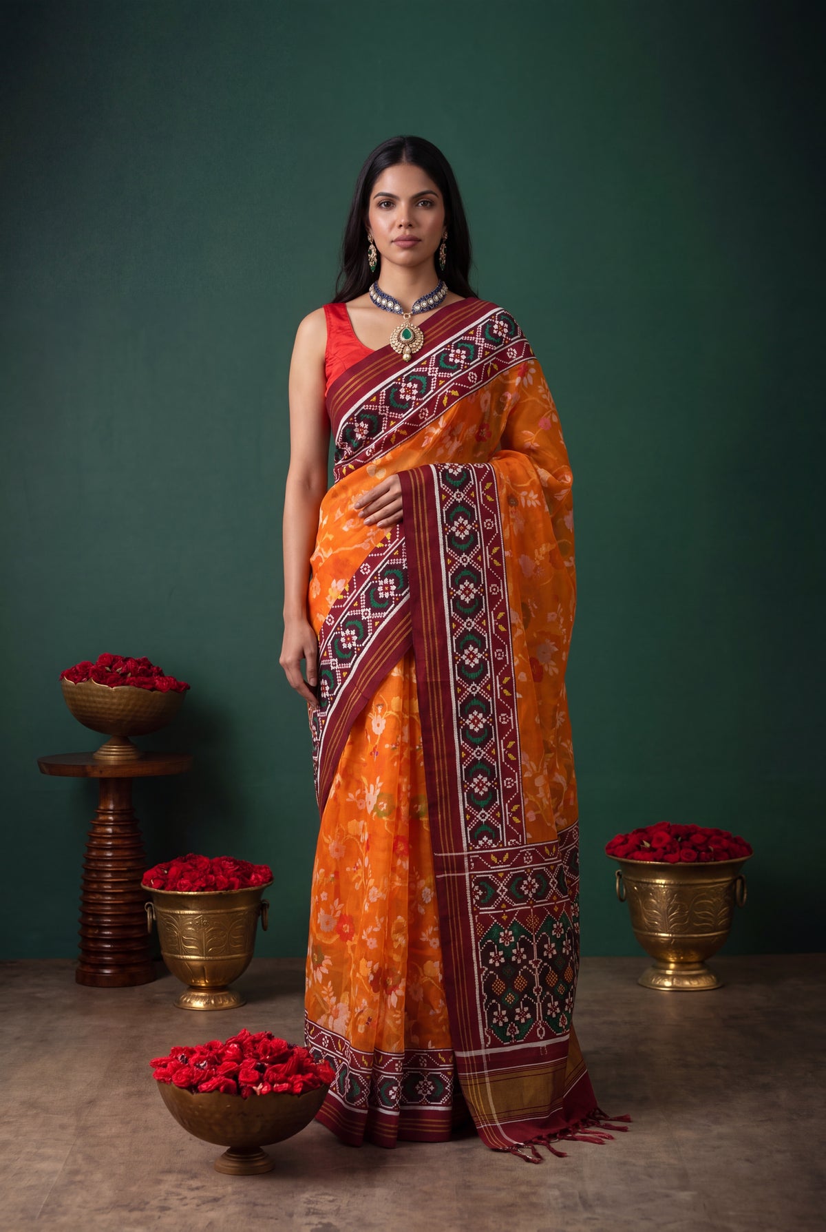 Orange Kora Silk Jamdani Saree - Mokshaa