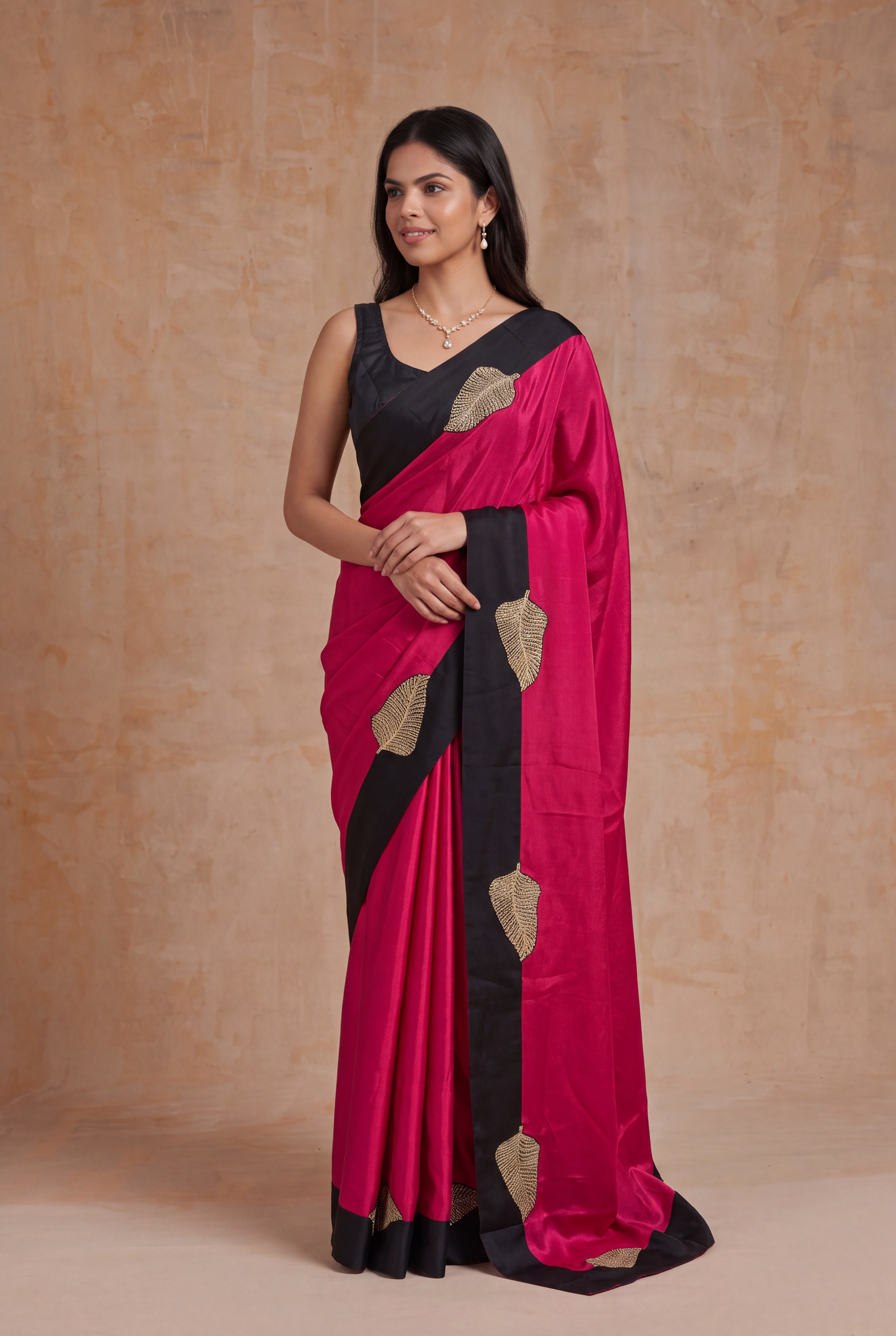 Rani Pink Satin Silk Saree with Black Sequin Border