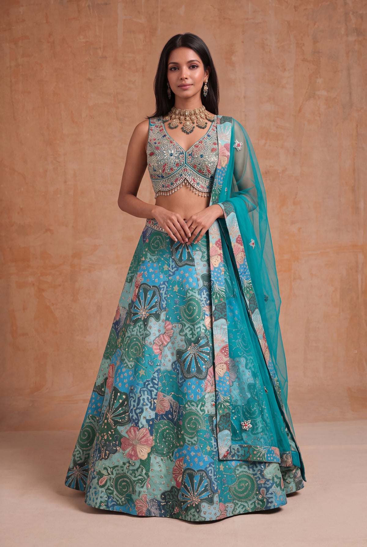 Teal Tissue Silk Floral Lehenga - Mokshaa