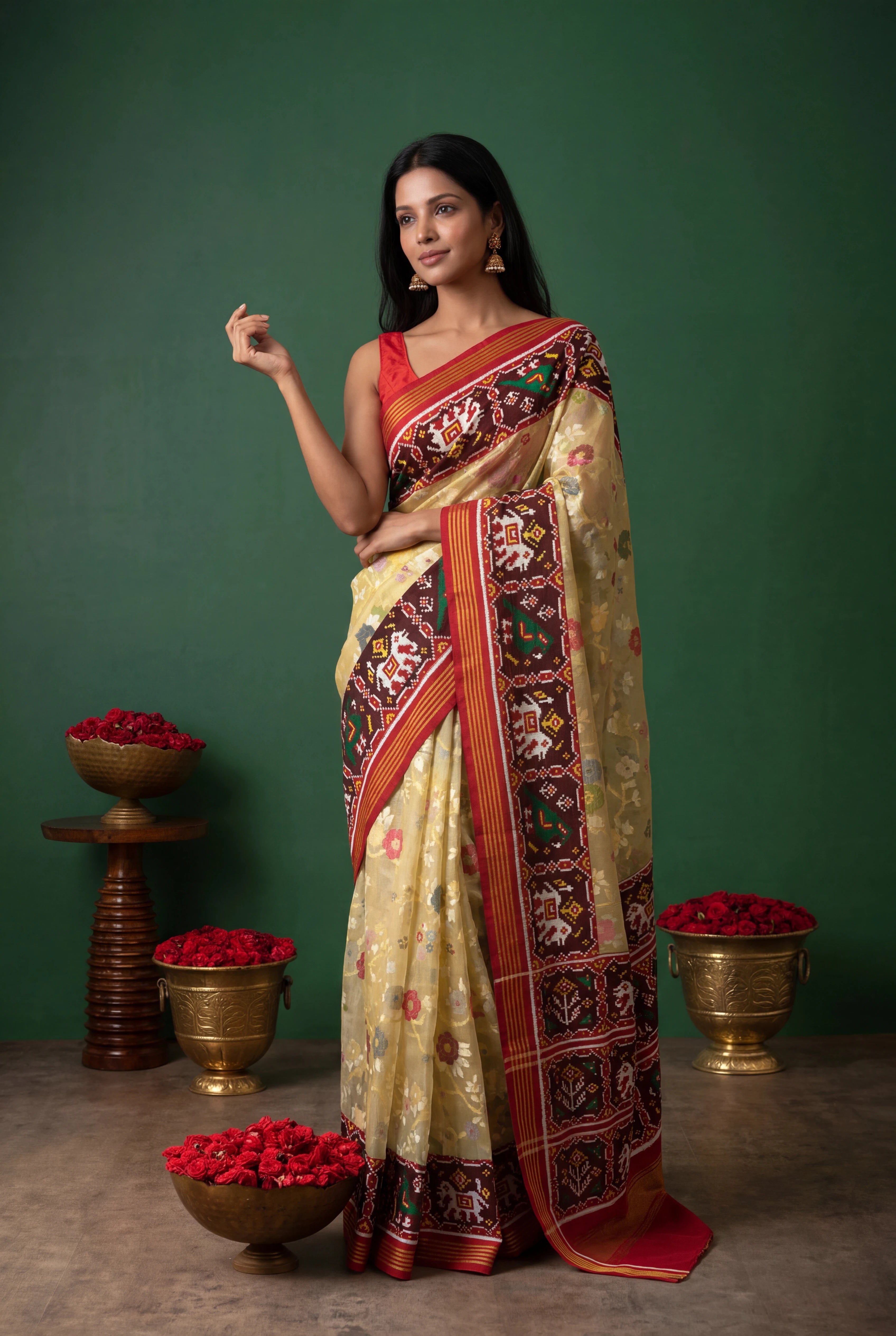 Pastel Yellow Kora Jamdhani Saree