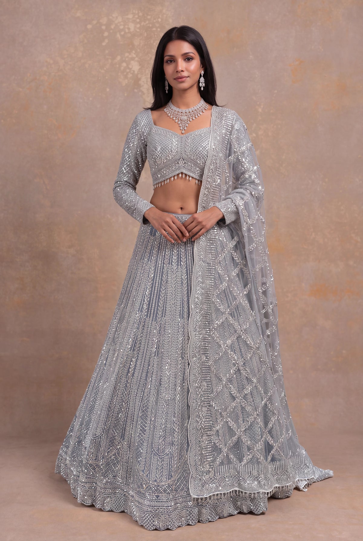 Ice Blue Net Sequin & Stone Embellished Lehenga Set - Mokshaa