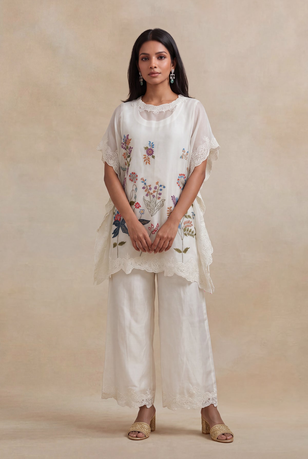 Ivory Organza Kaftan with Floral Thread Embroidery - Mokshaa