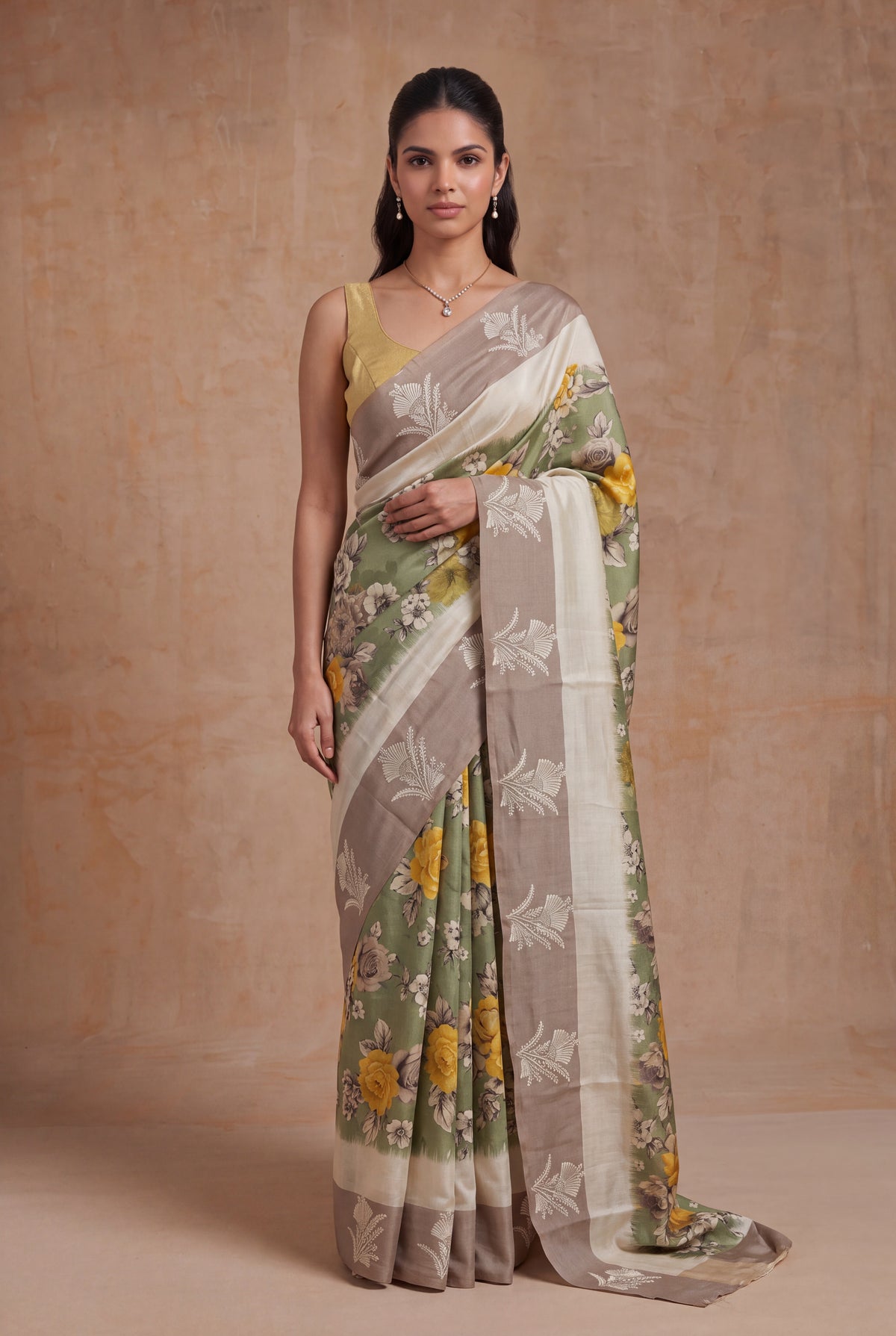 Sage Green Tussar Silk Saree - Mokshaa