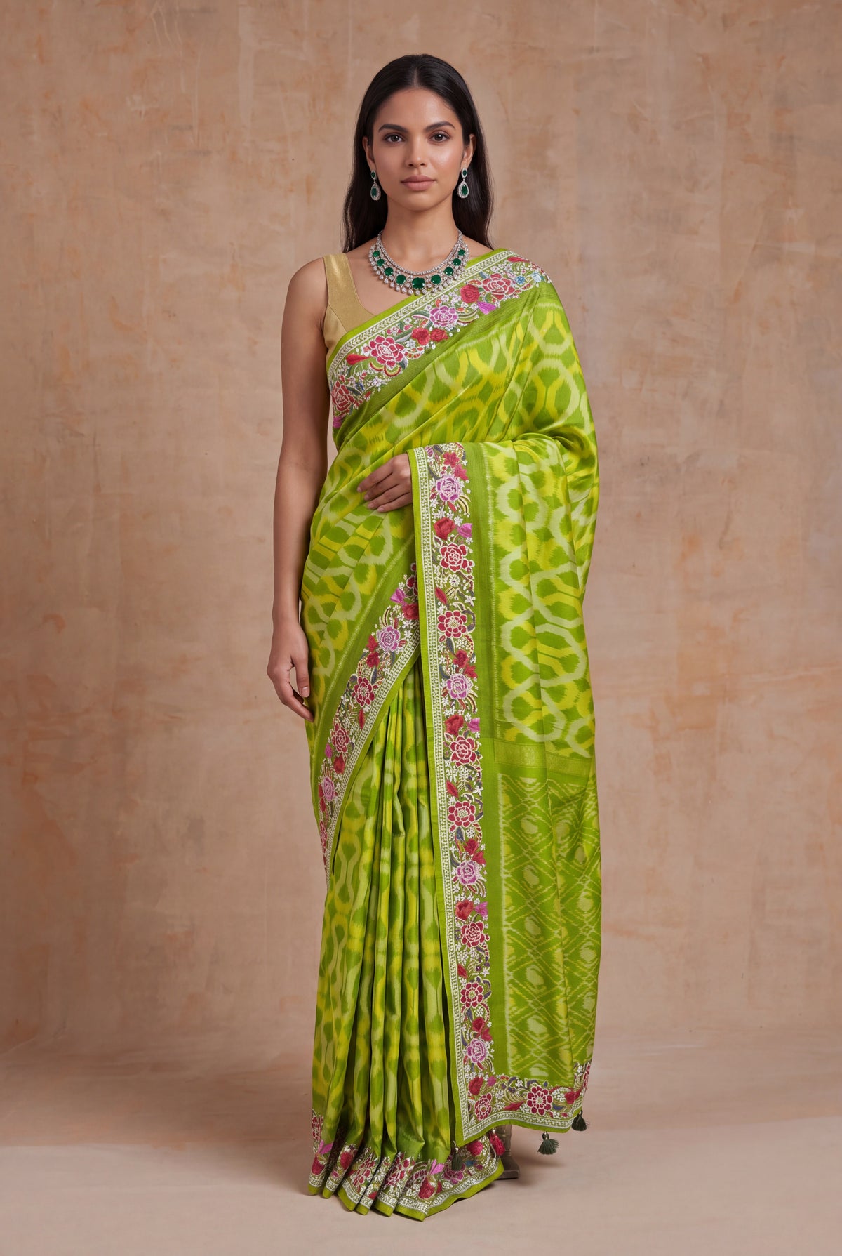 Lime Green Patola Silk Saree - Mokshaa