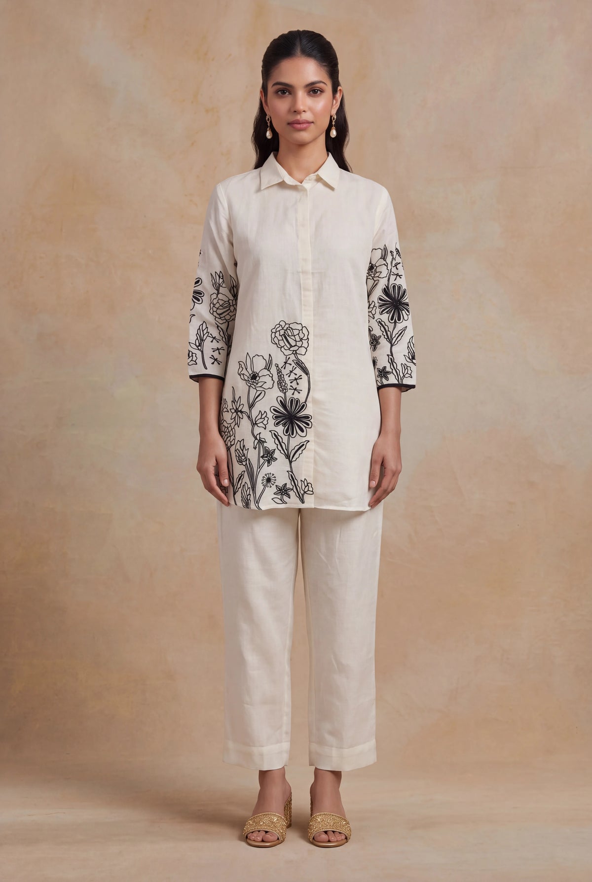 Ivory Chanderi Cotton Floral Embroidered Co-ord Set - Mokshaa