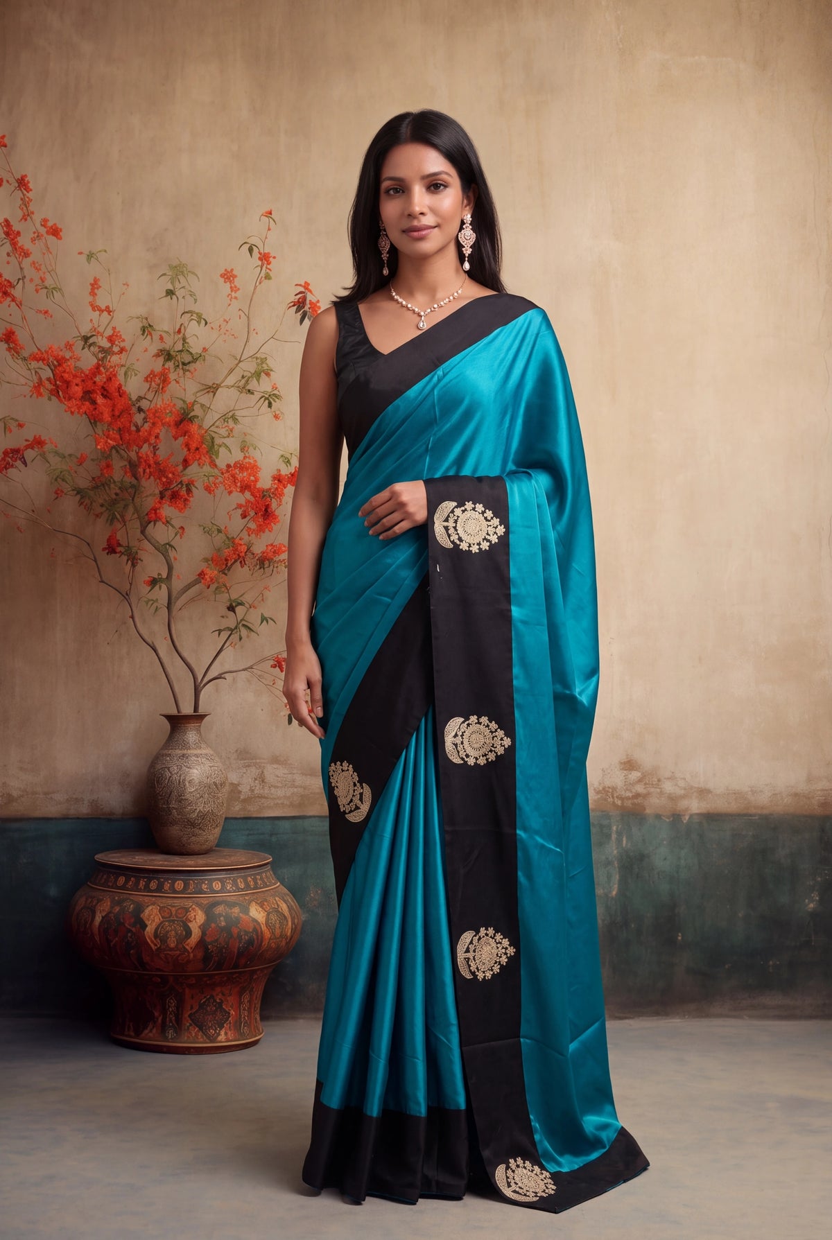 Teal Blue Crepe Silk Saree - Mokshaa