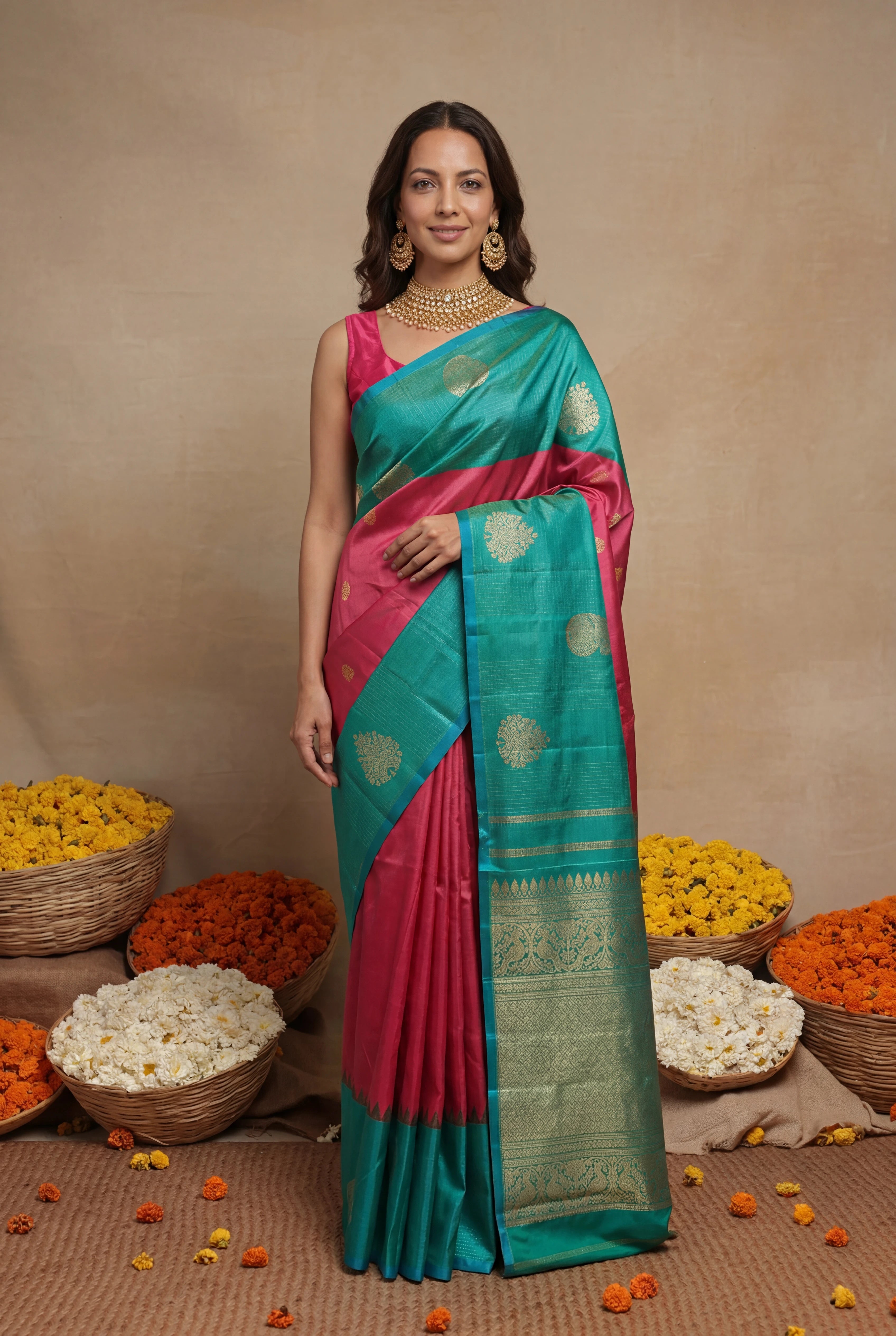 Coral Peach and Aqua Blue Kanchivaram Silk Saree