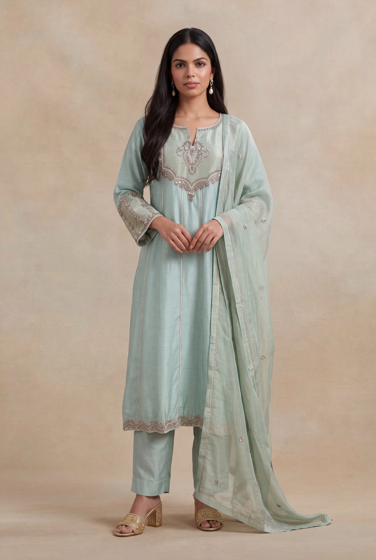 Mint Green Raw Silk A-Line Suit with Zardosi Work - Mokshaa