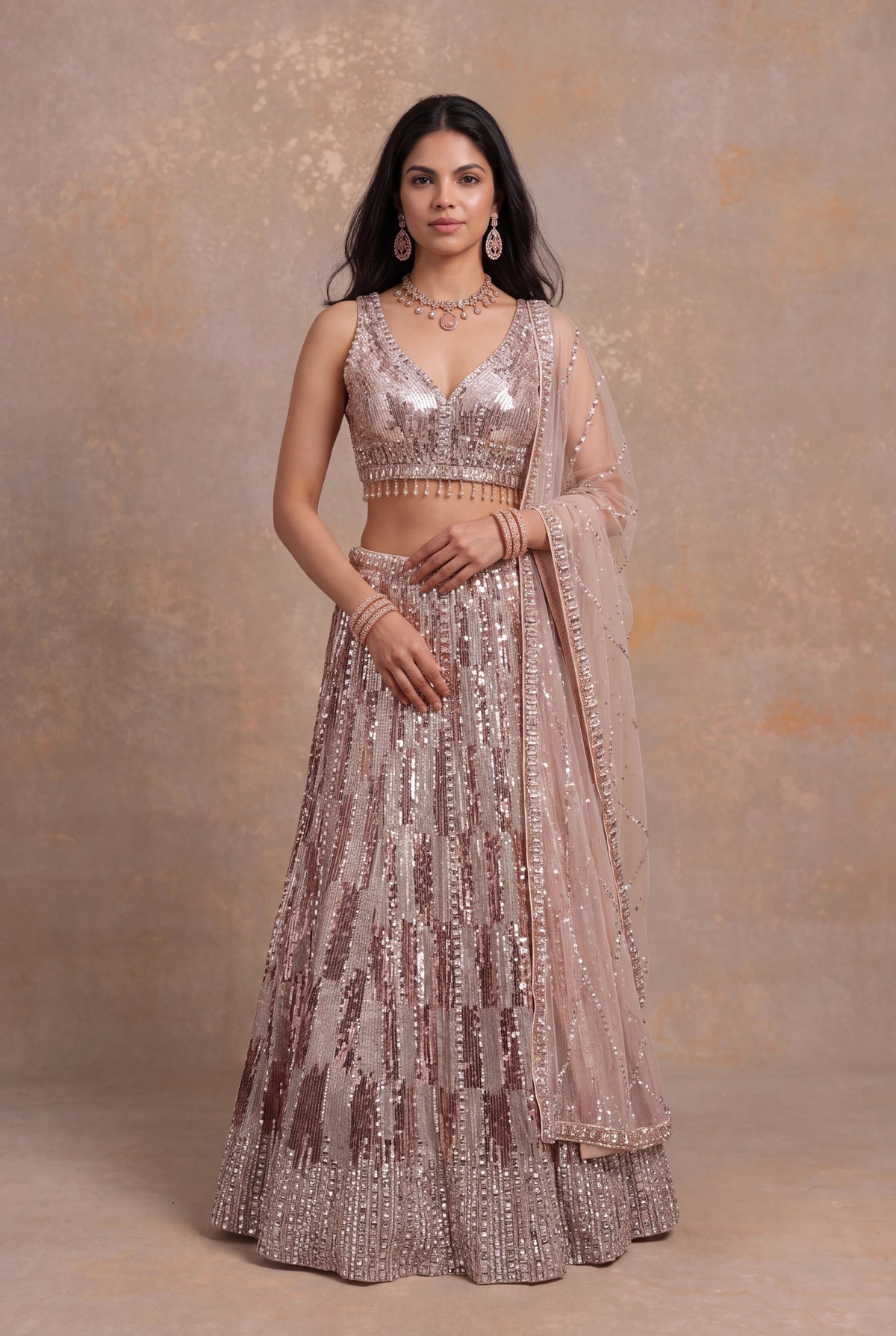 Peach Sequin & Katdana Embellished Net Lehenga - Mokshaa